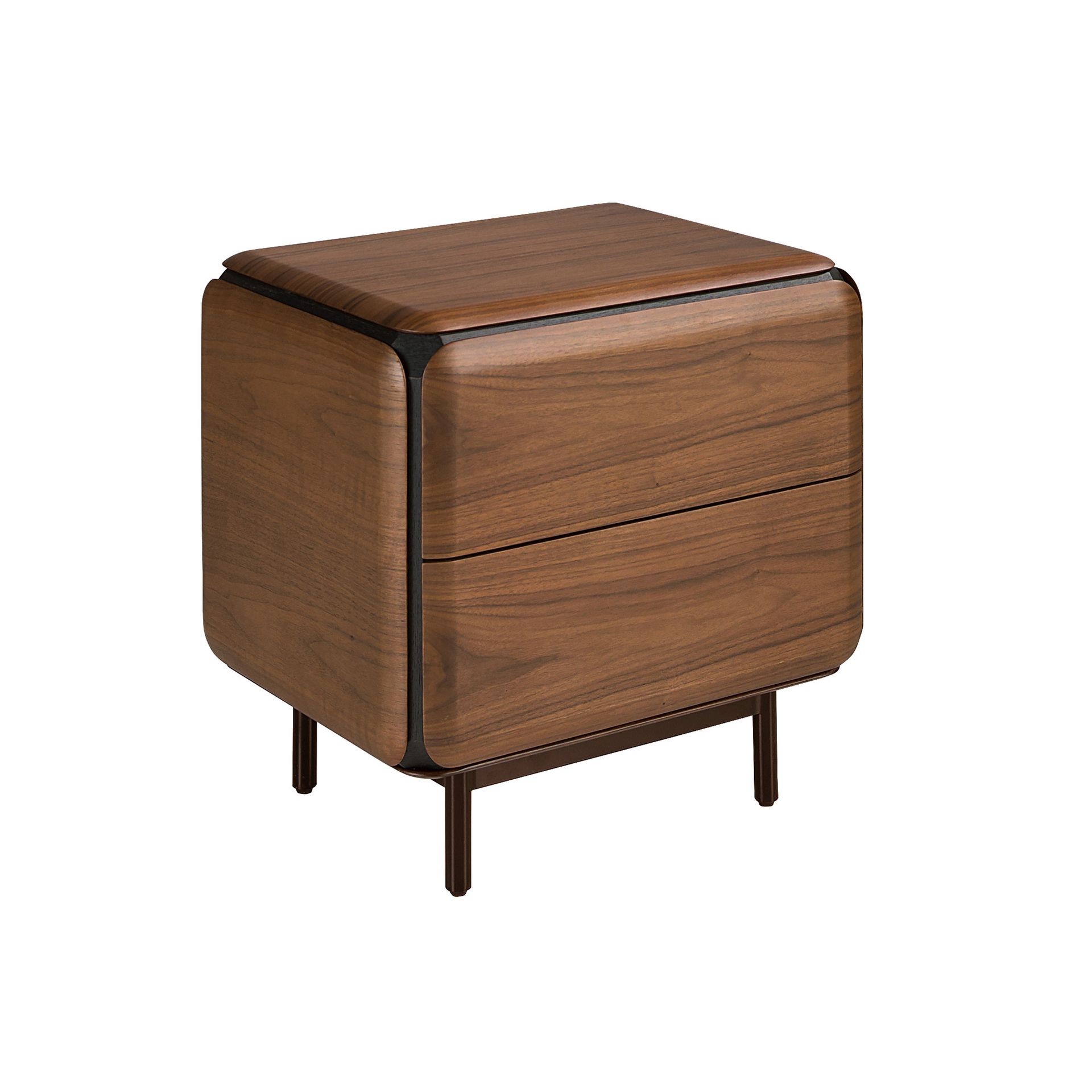 Bedside table in walnut, wenge and brown metal steel