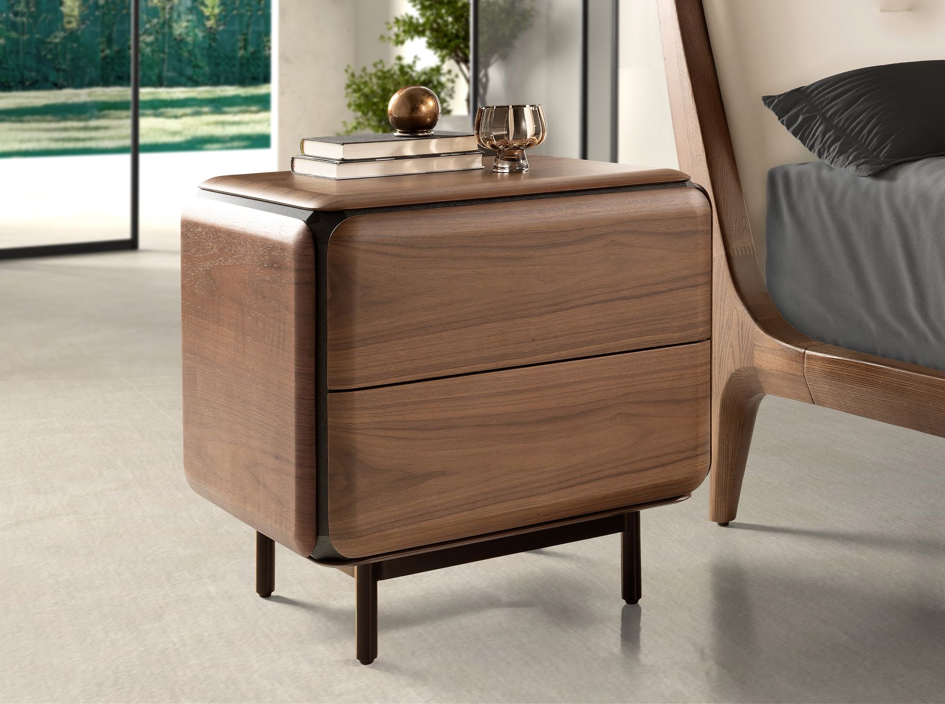 Bedside table in walnut, wenge and brown metal steel