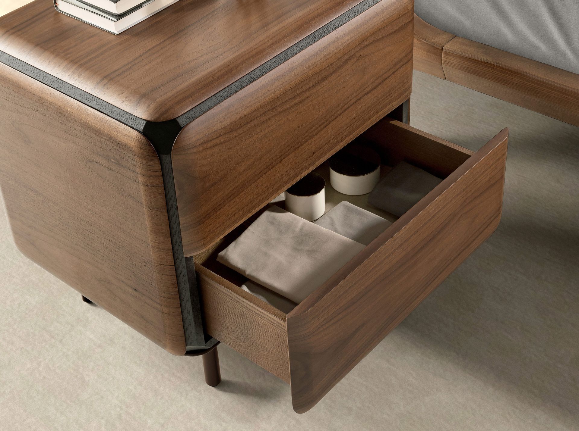Bedside table in walnut, wenge and brown metal steel