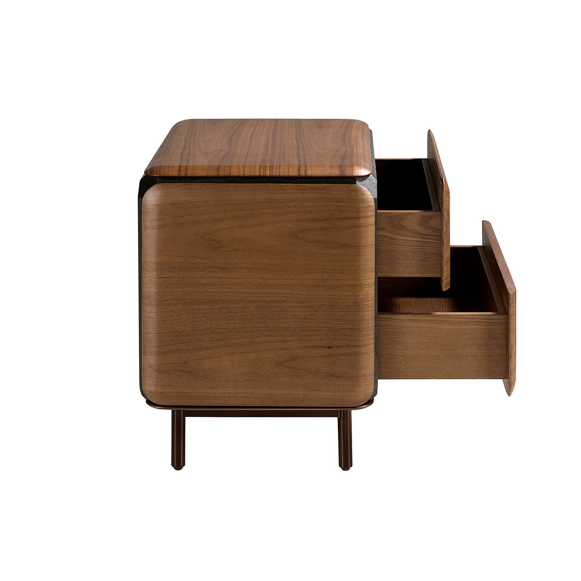 Bedside table in walnut, wenge and brown metal steel
