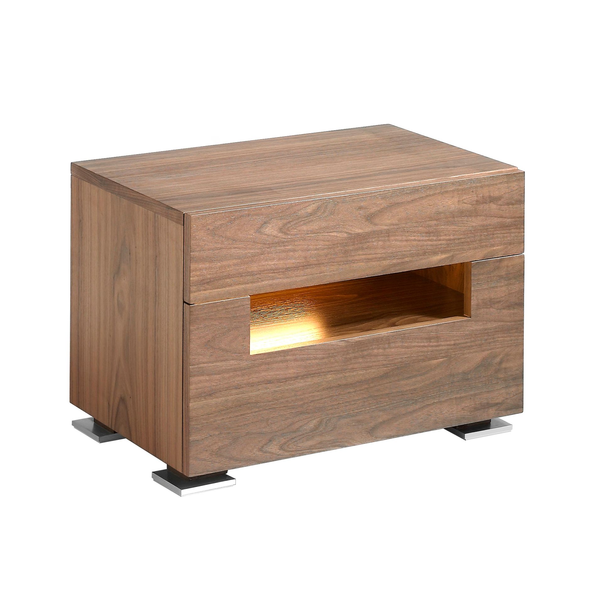 Bedside table walnut and polished steel with interior lighting