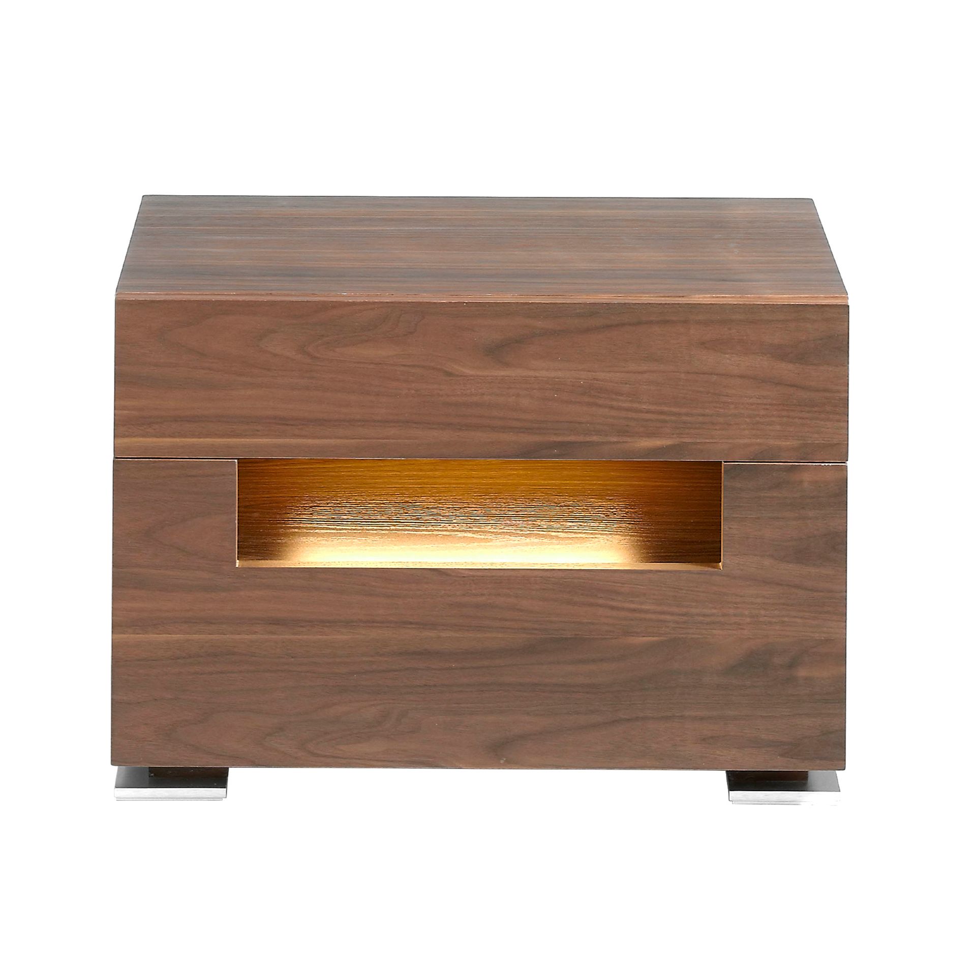 Bedside table walnut and polished steel with interior lighting
