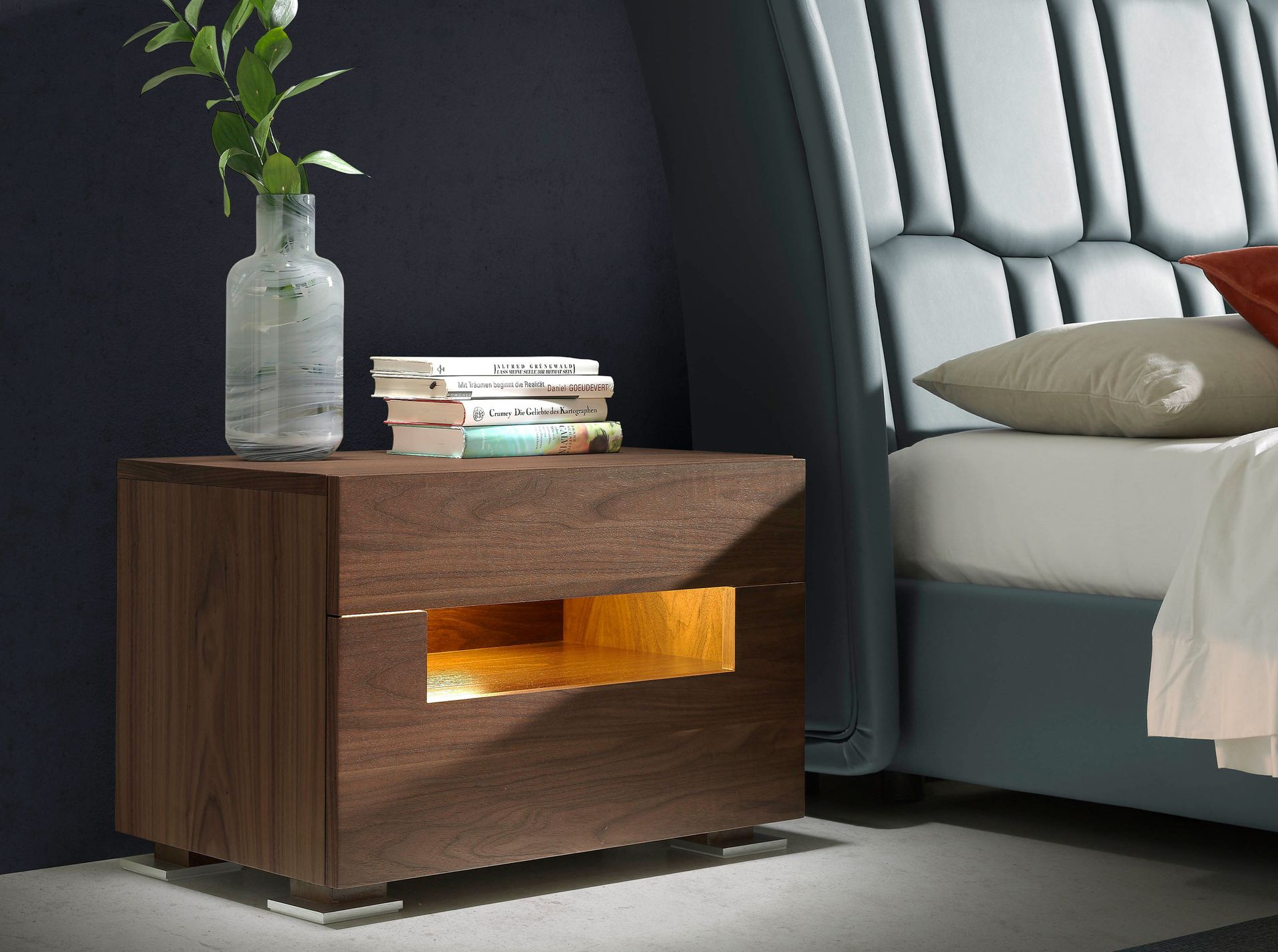 Bedside table walnut and polished steel with interior lighting