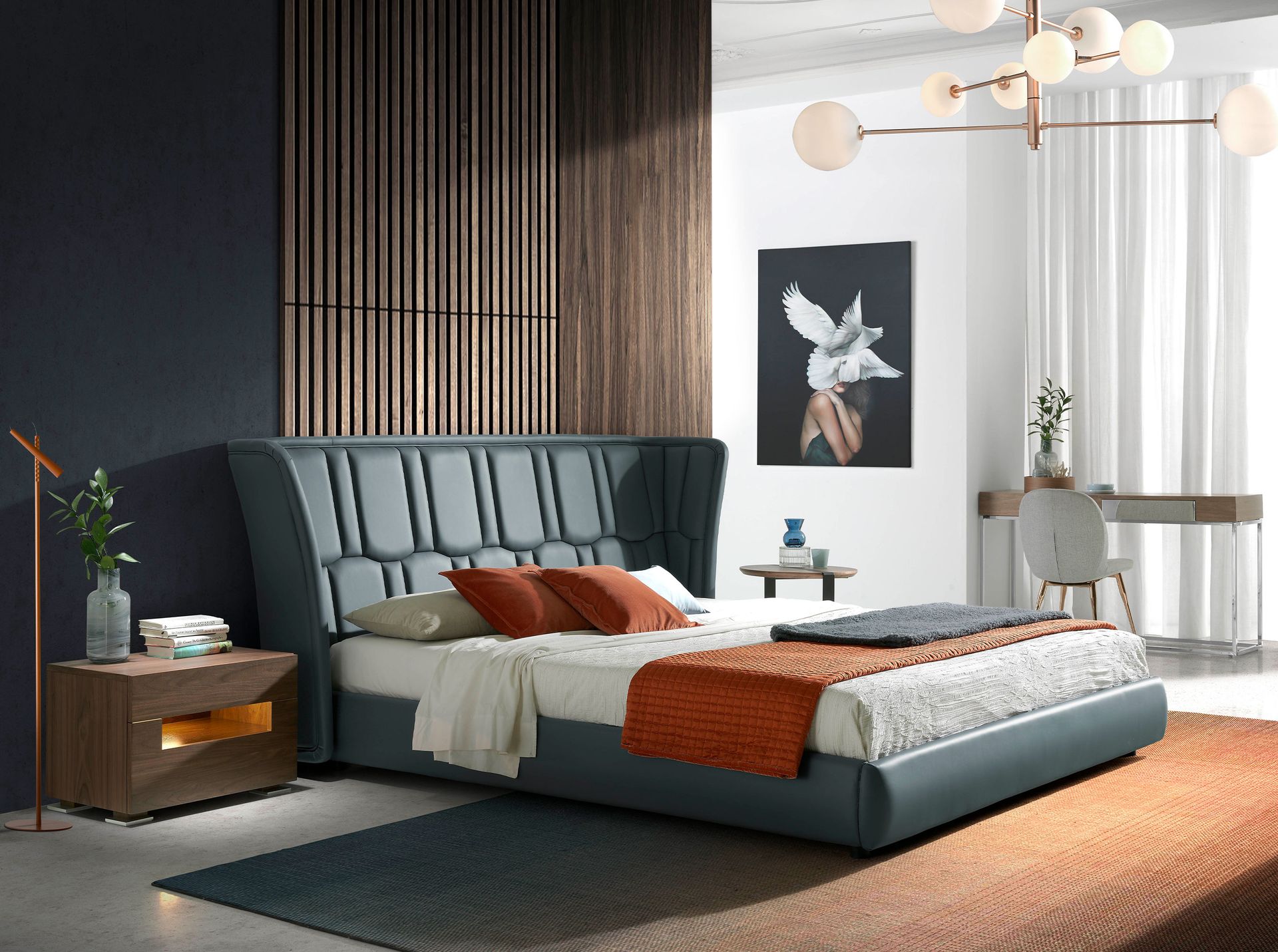 Bedside table walnut and polished steel with interior lighting