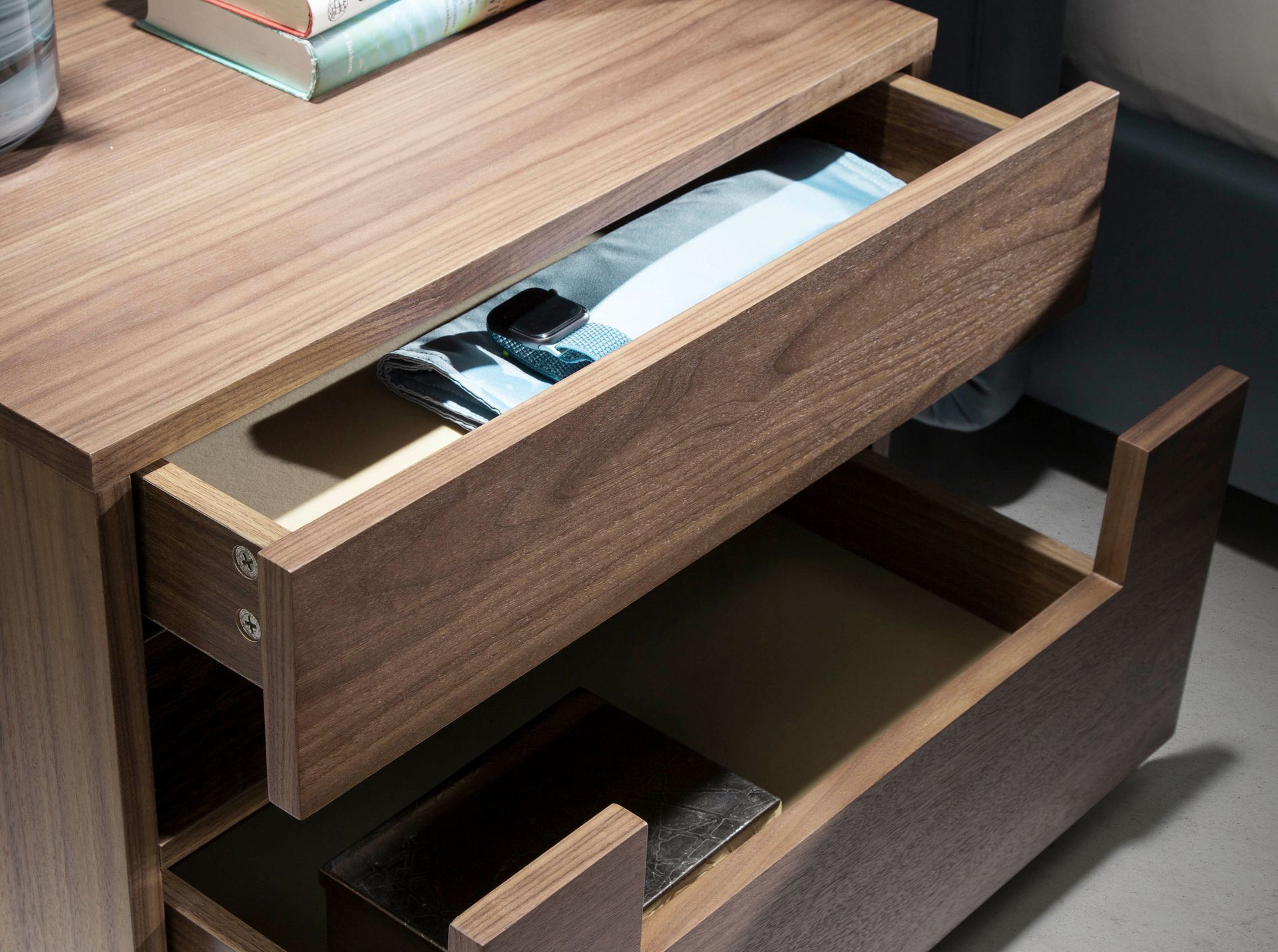 Bedside table walnut and polished steel with interior lighting