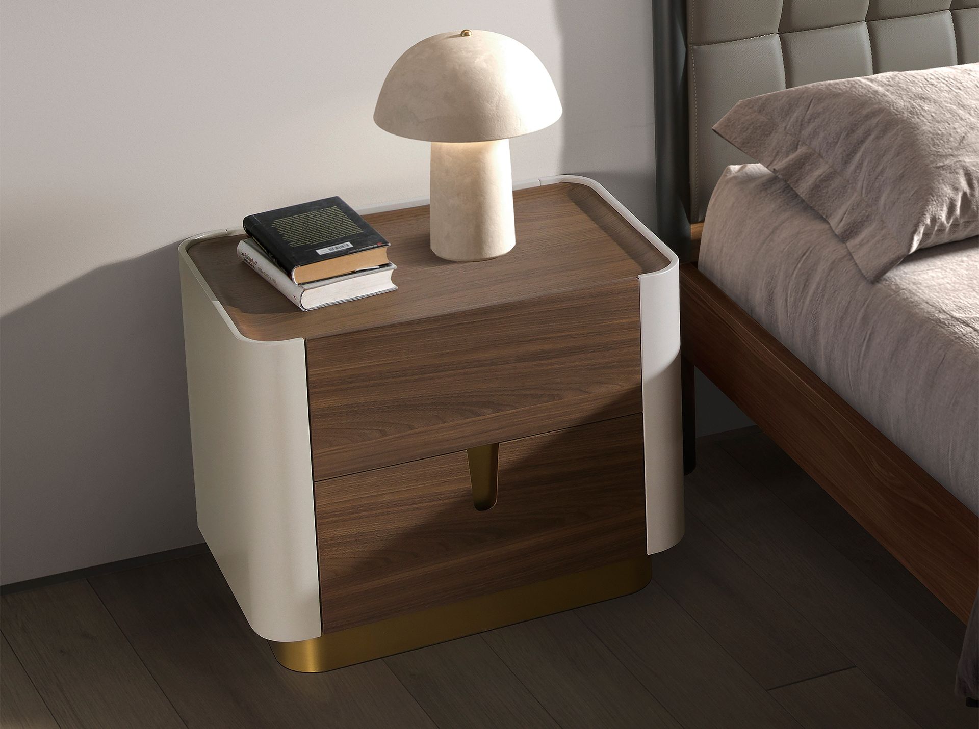 Bedside table walnut, beige, golden polished steel and walnut top