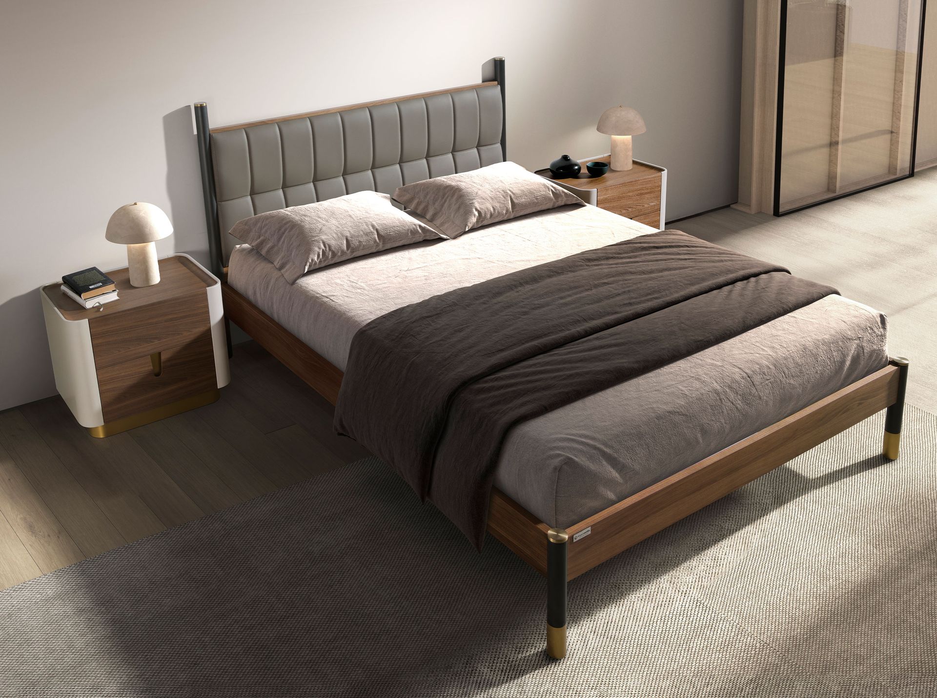 Bedside table walnut, beige, golden polished steel and walnut top