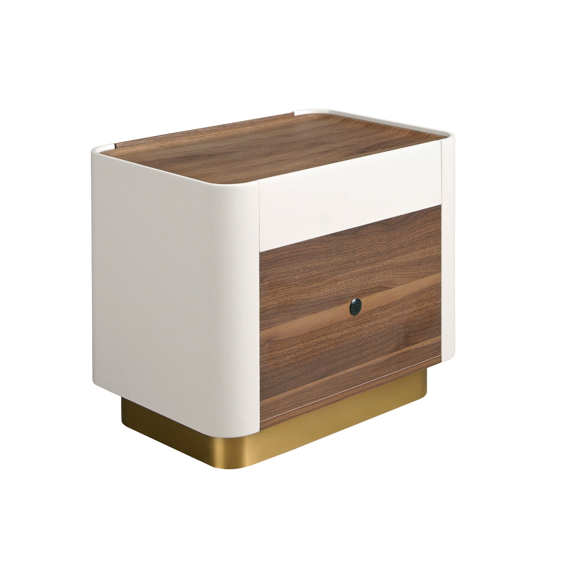 Bedside table walnut, beige, golden polished steel and walnut top