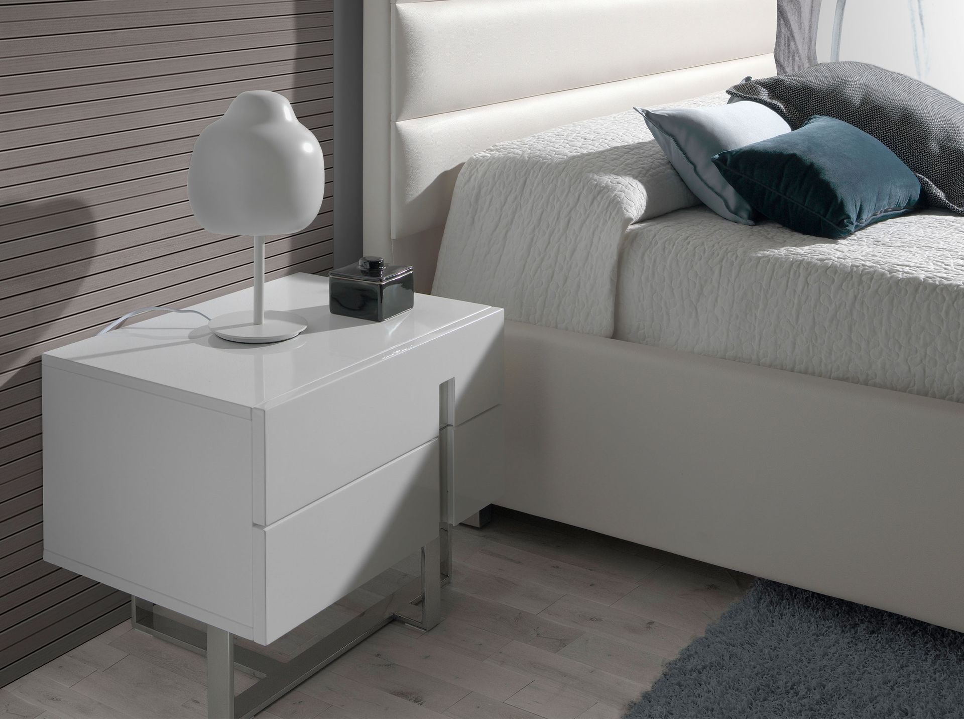 Bedside table white wood and chrome plated steel