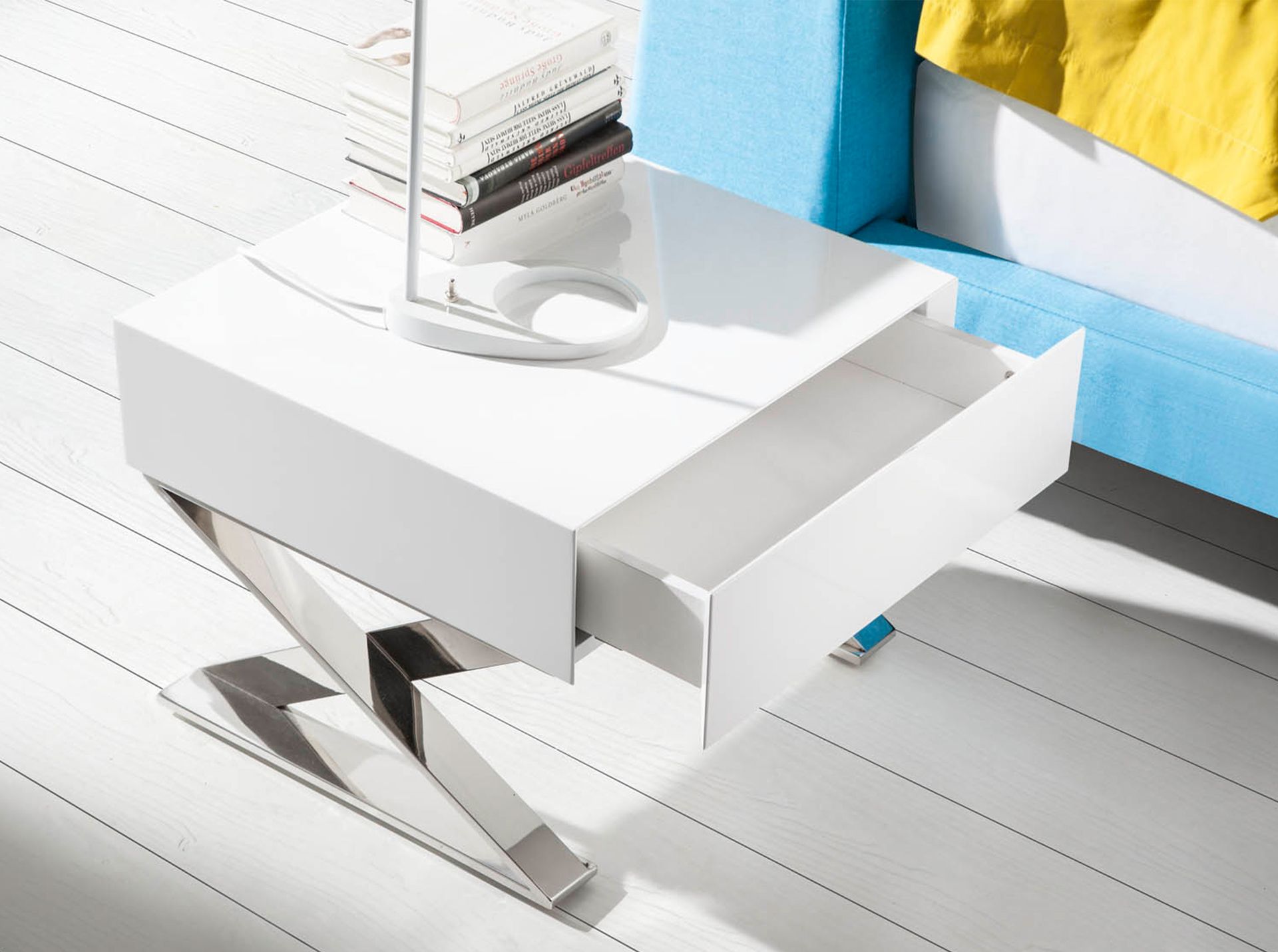 Bedside table white wood and chromed steel