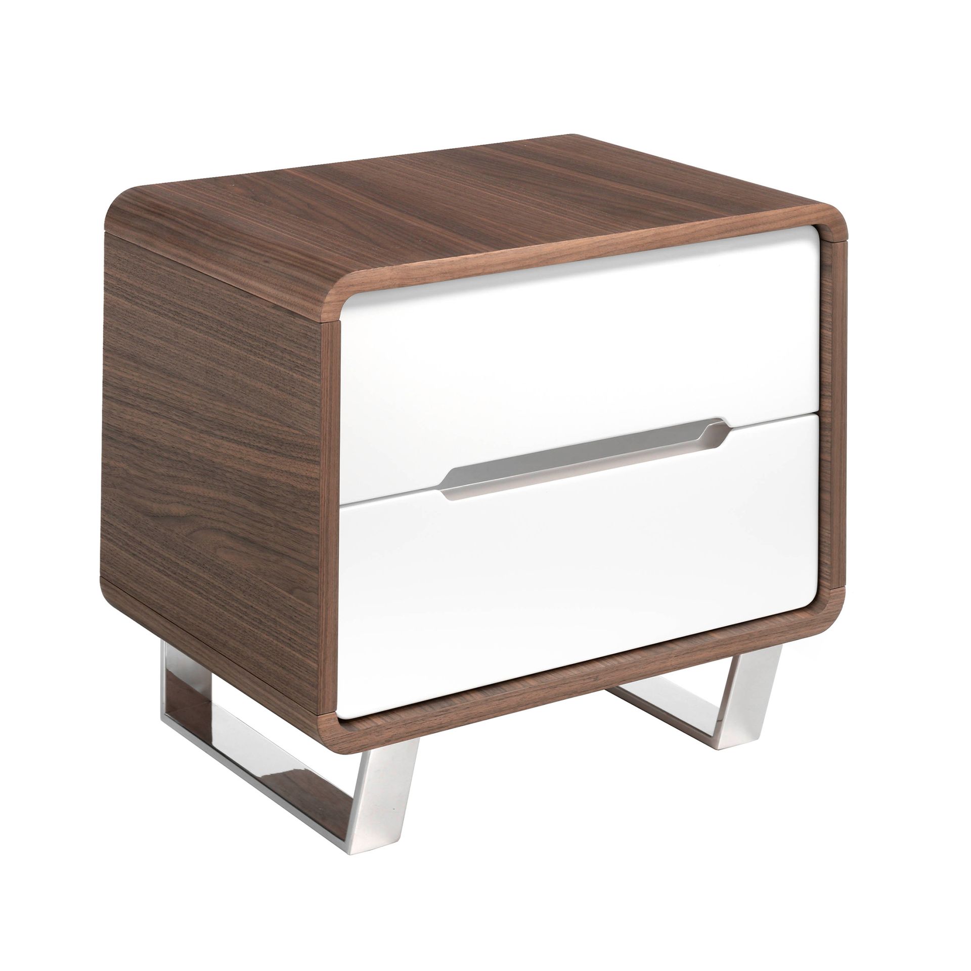 Bedside table white wood, walnut and chrome plated steel