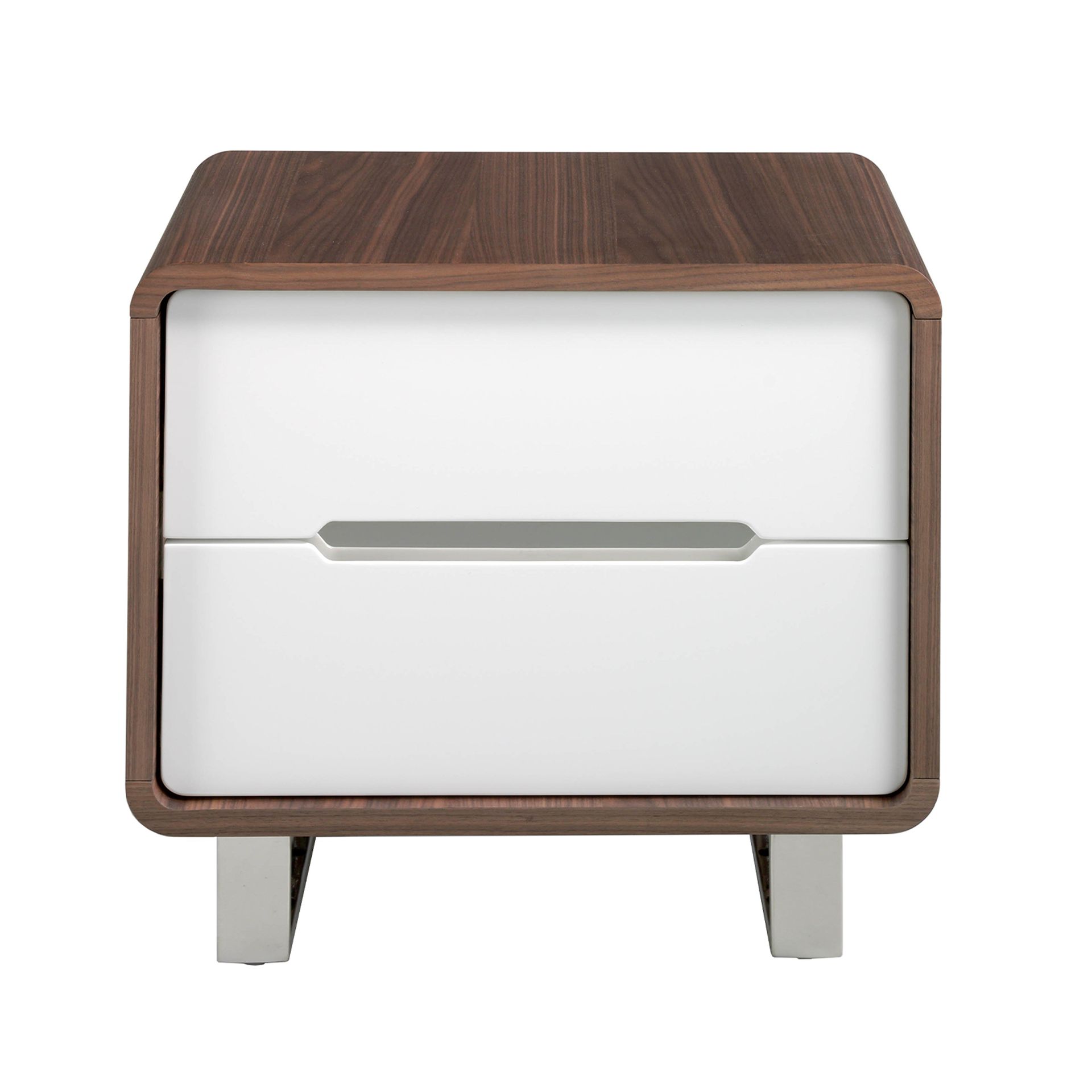 Bedside table white wood, walnut and chrome plated steel