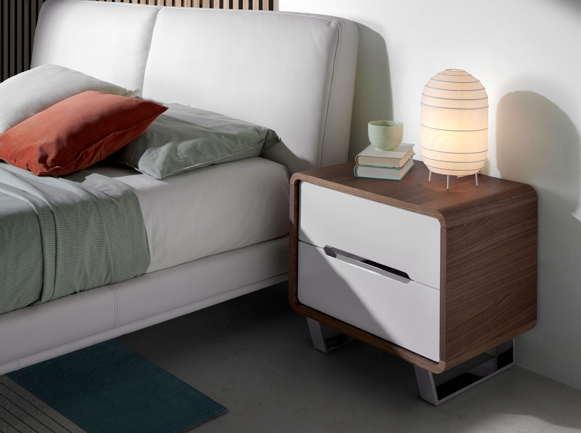 Bedside table white wood, walnut and chrome plated steel