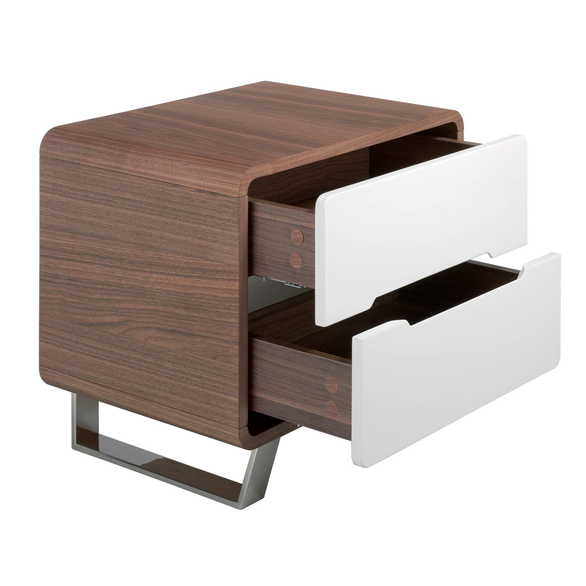 Bedside table white wood, walnut and chrome plated steel