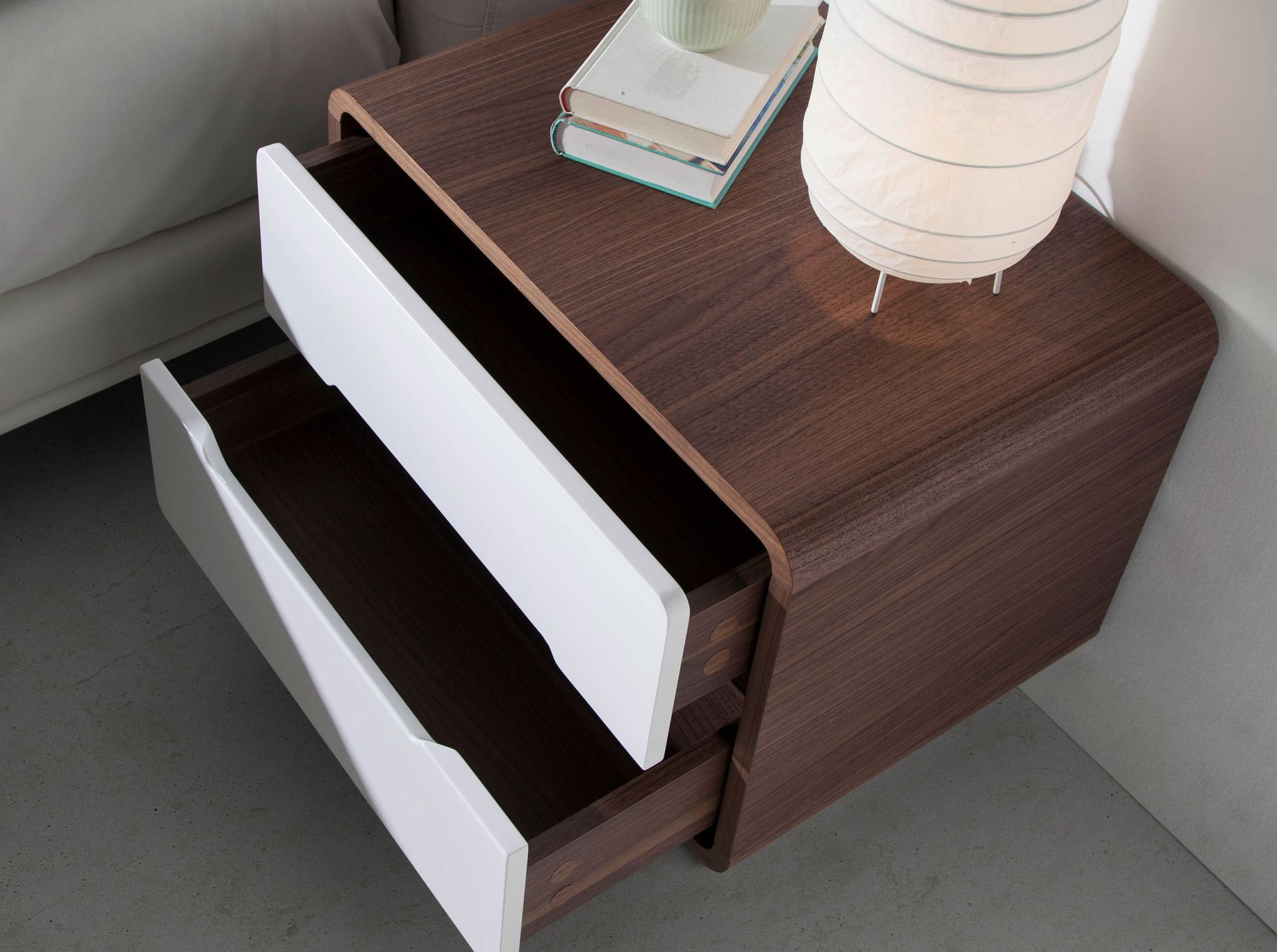 Bedside table white wood, walnut and chrome plated steel