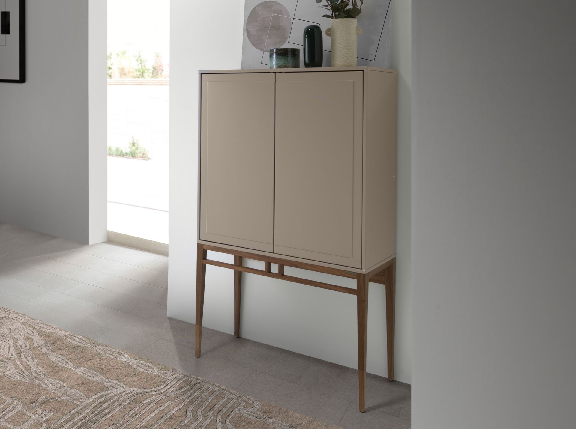 Beige and walnut high sideboard