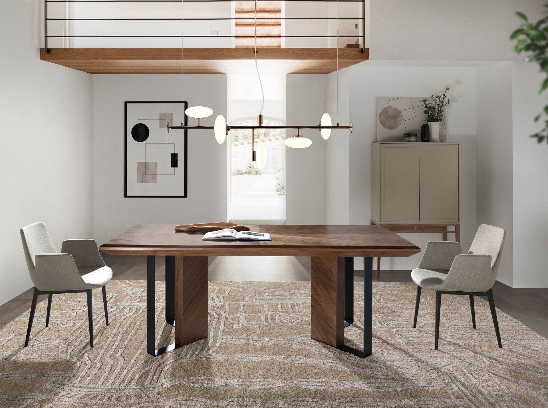 Beige and walnut high sideboard