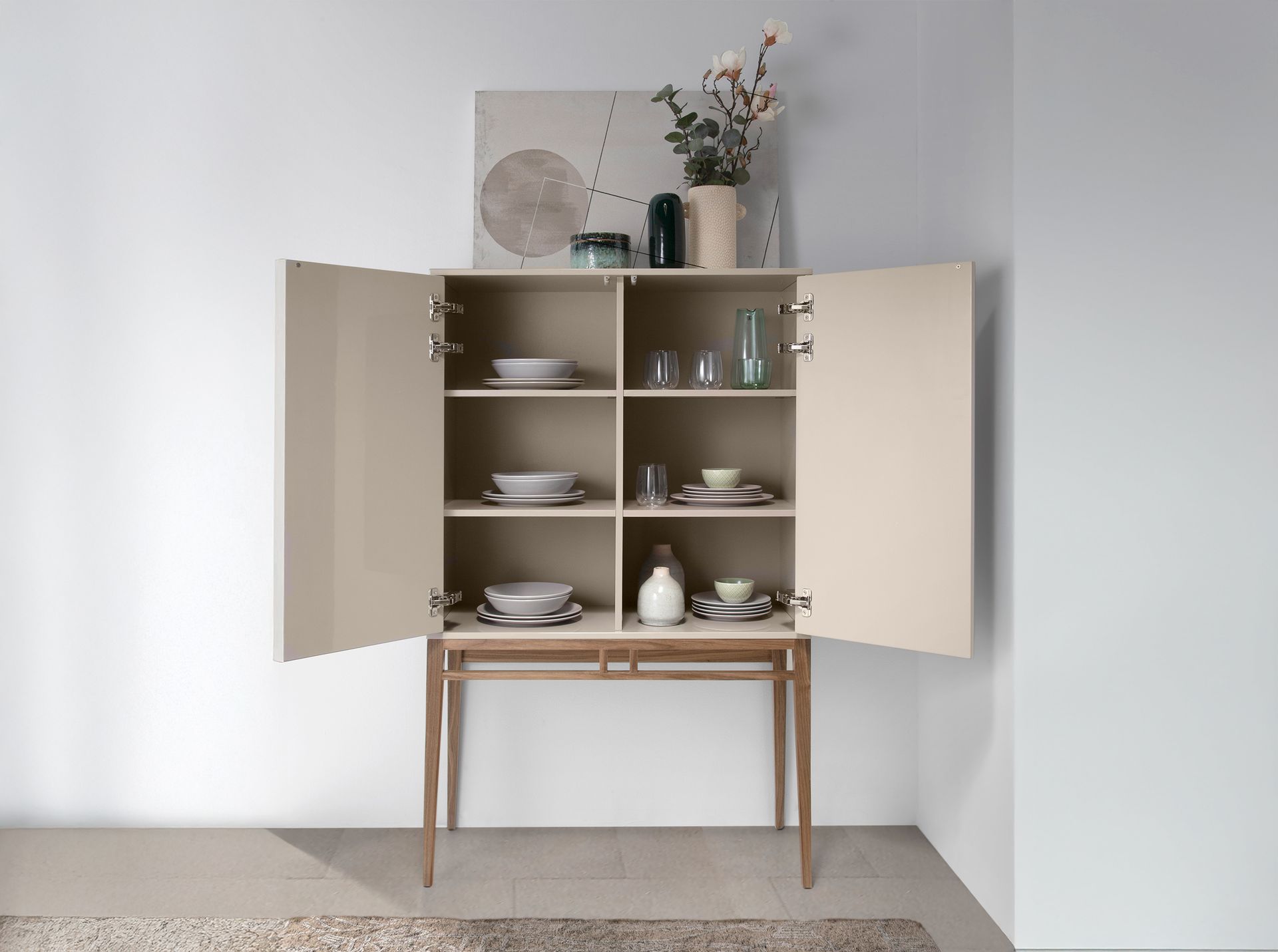 Beige and walnut high sideboard