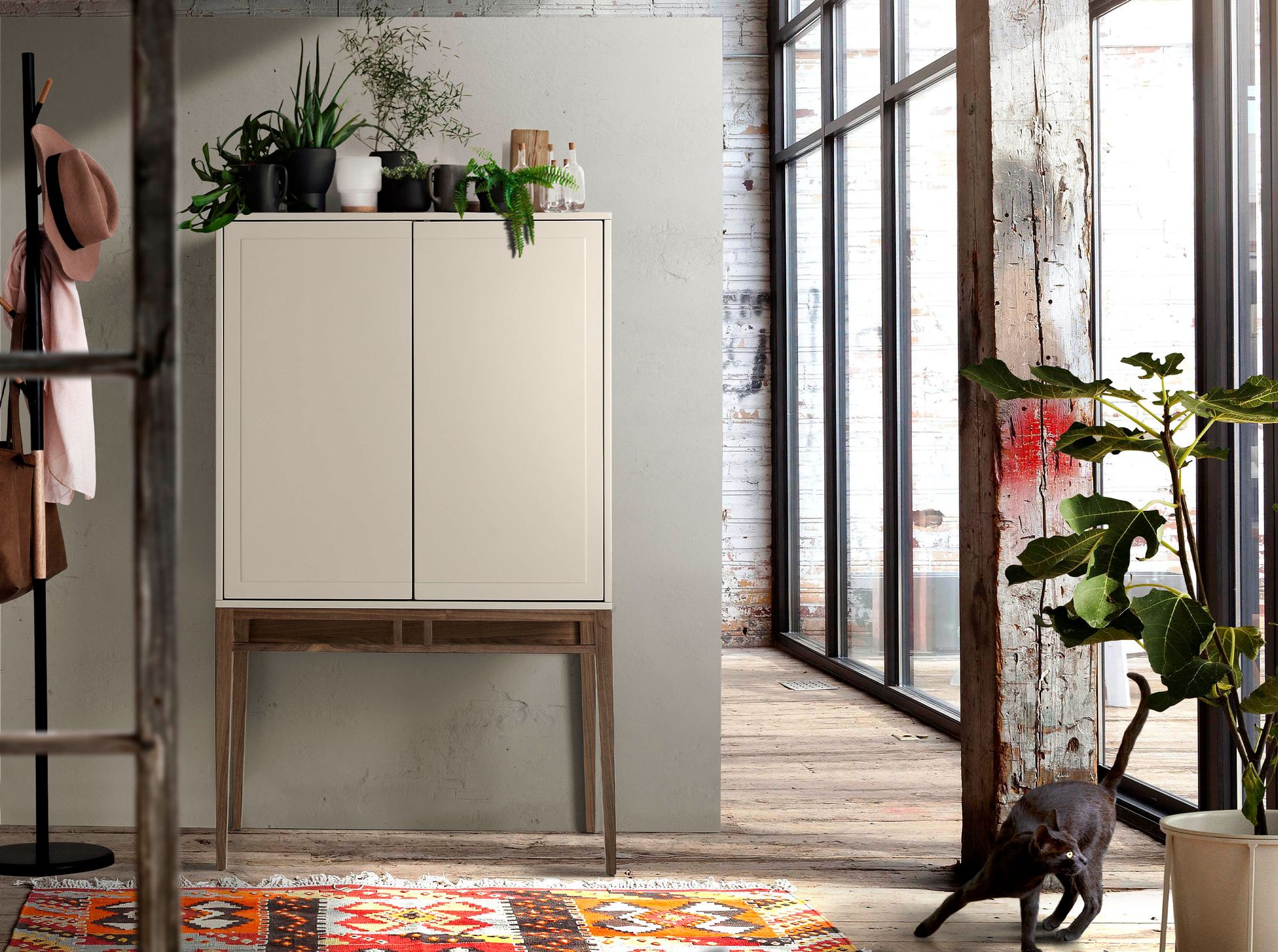 Beige and walnut high sideboard
