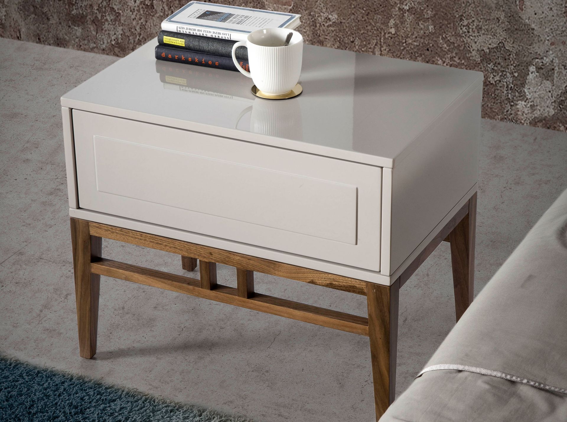 Beige and walnut wood bedside table