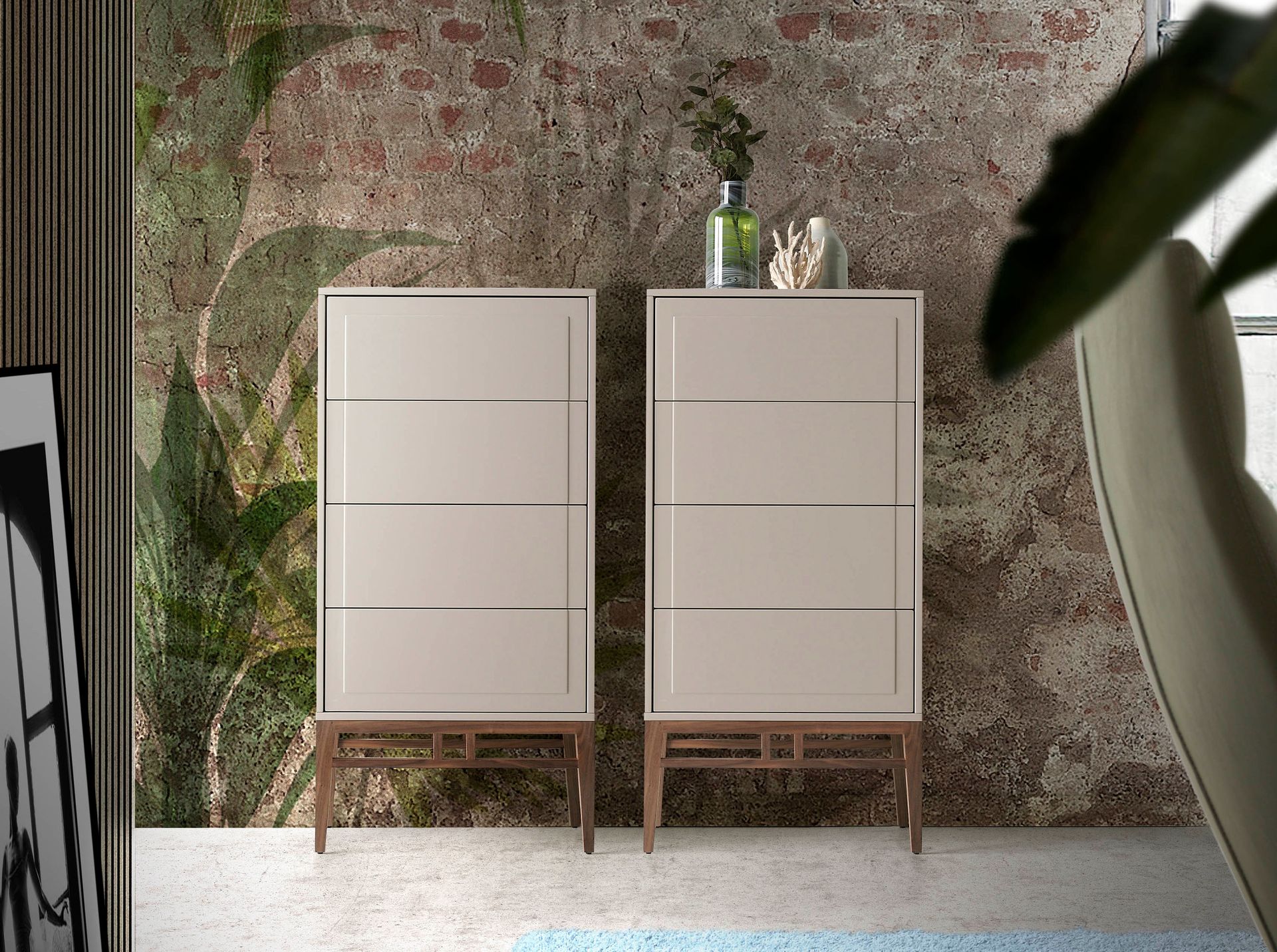 Beige and walnut wood chiffonier