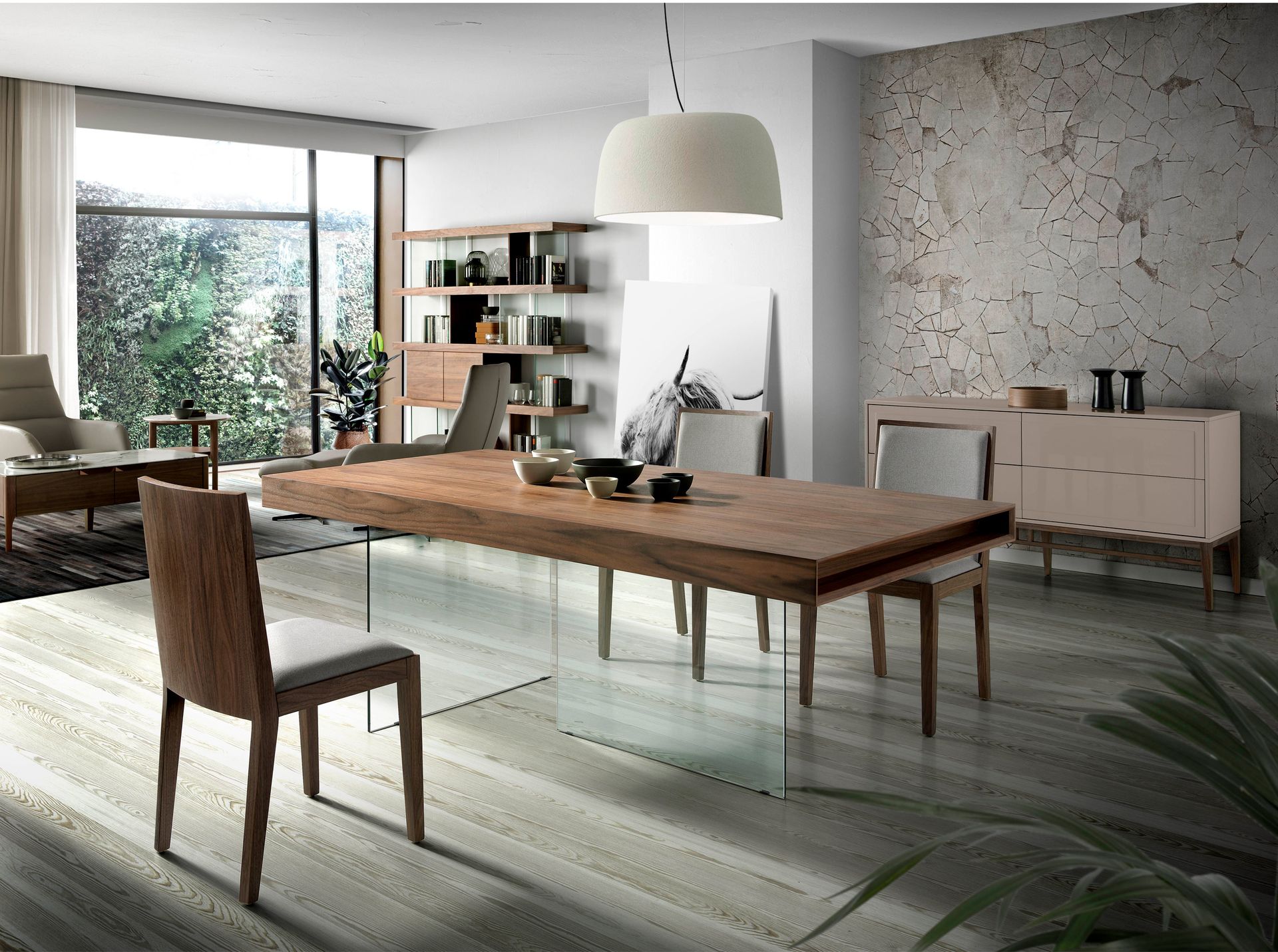Beige and walnut wood sideboard