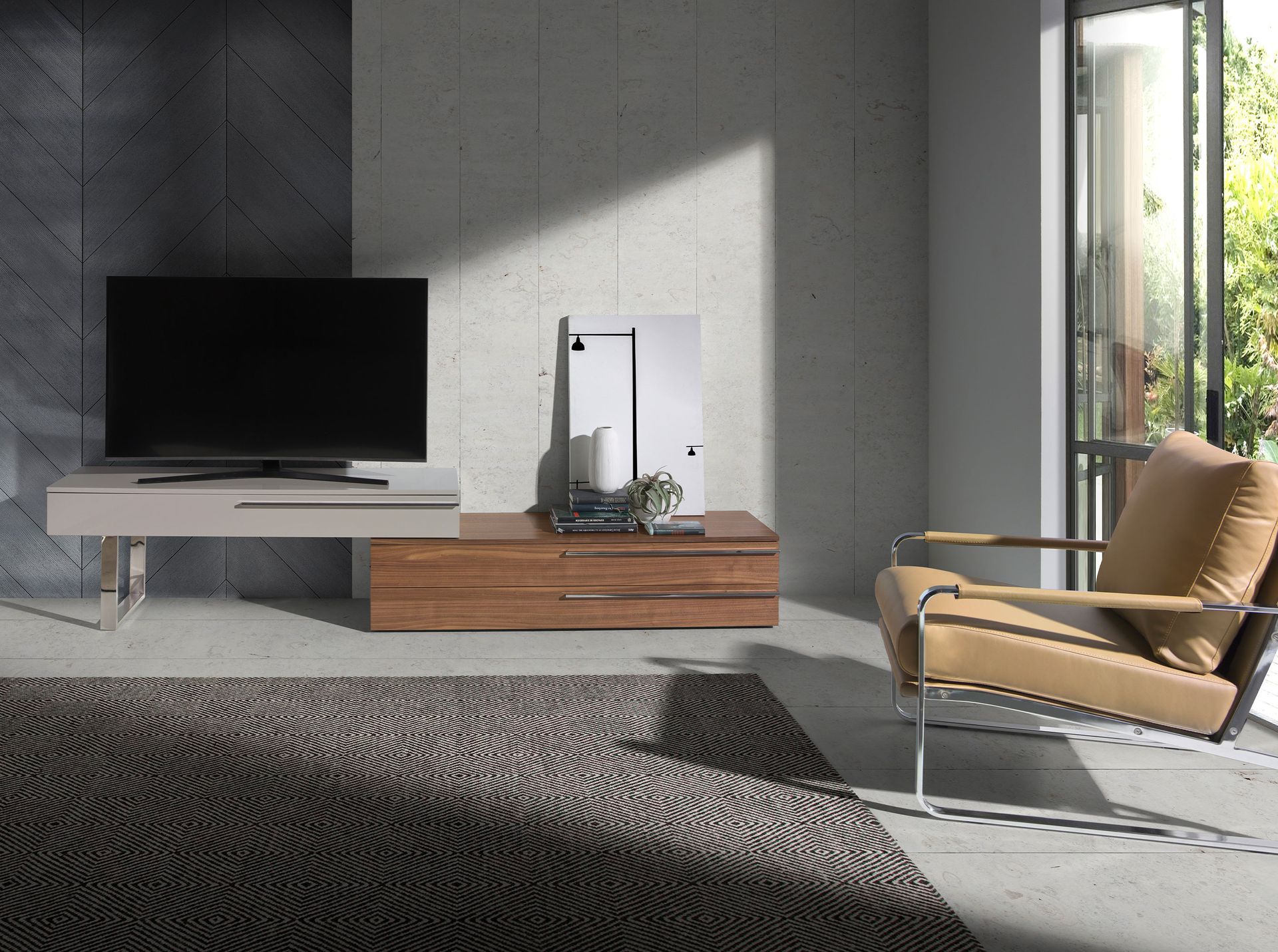 Beige wood, walnut and chrome plated steel TV unit
