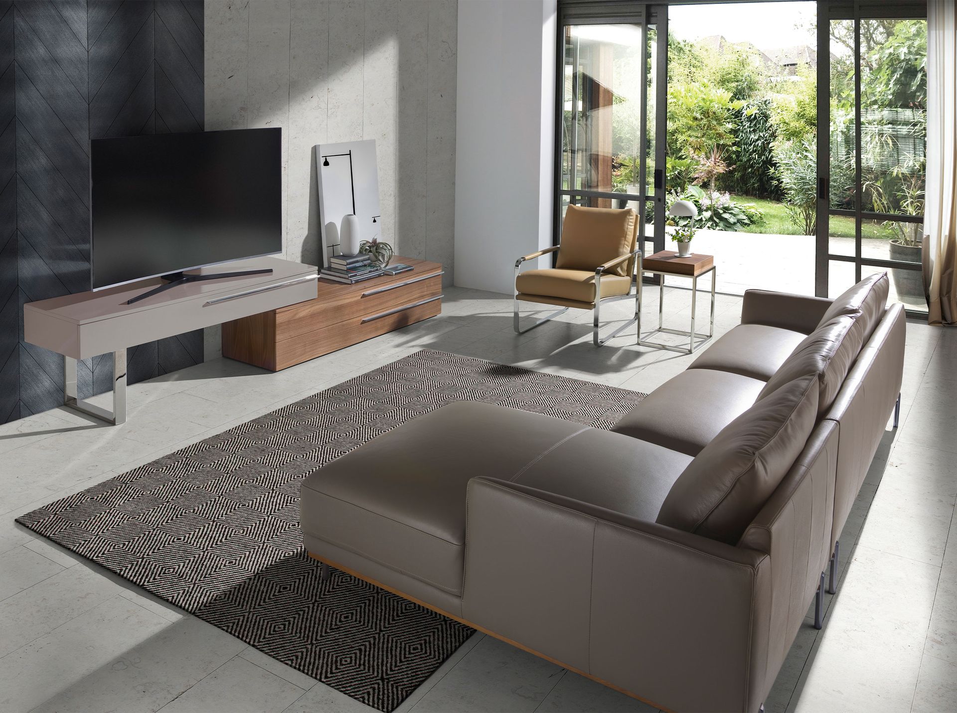 Beige wood, walnut and chrome plated steel TV unit