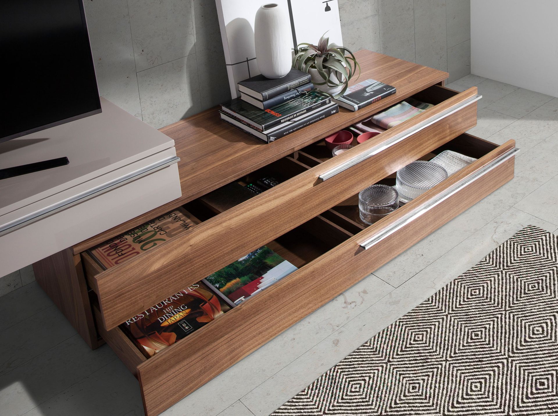 Beige wood, walnut and chrome plated steel TV unit
