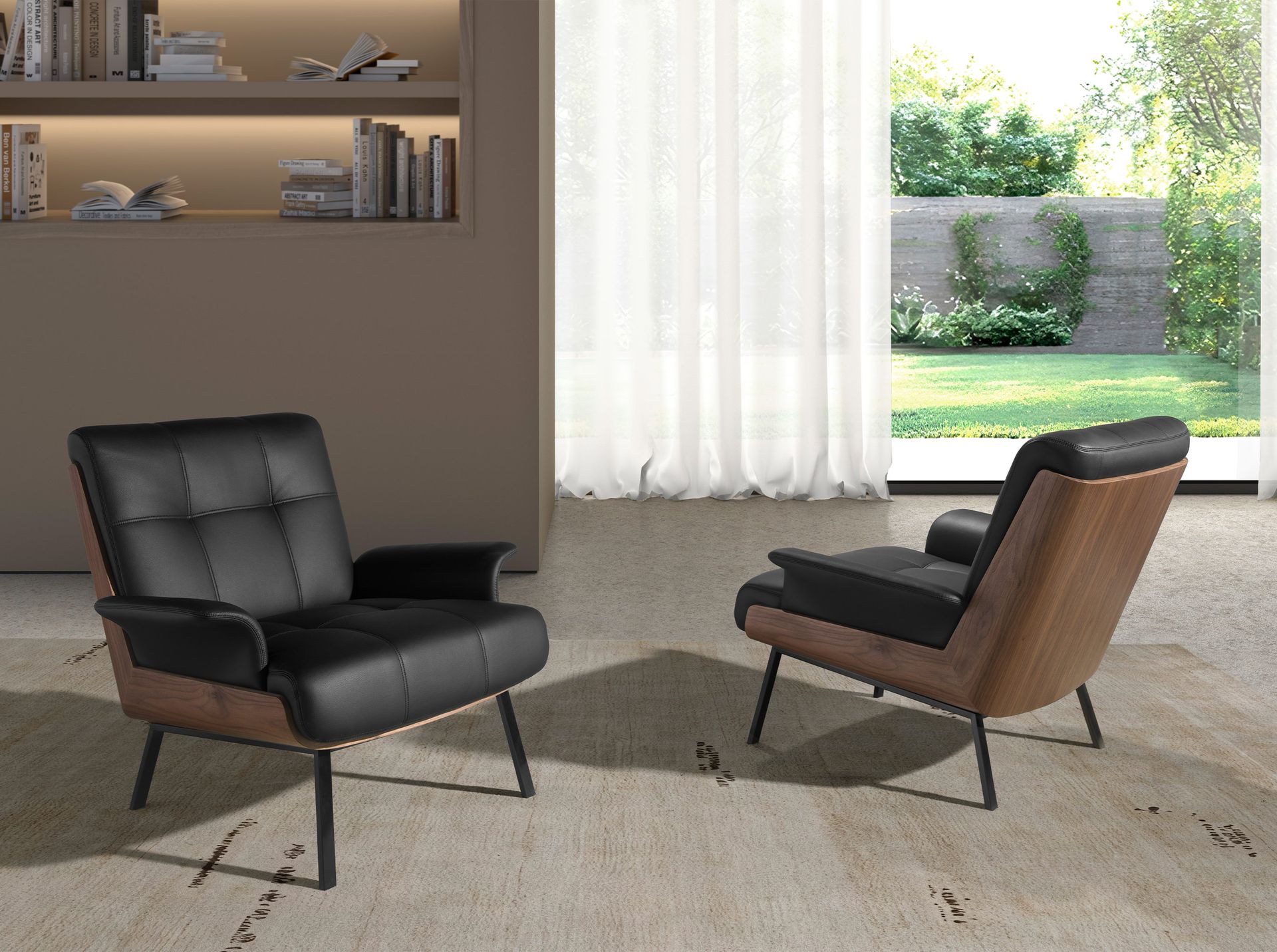 Black and walnut leatherette armchair