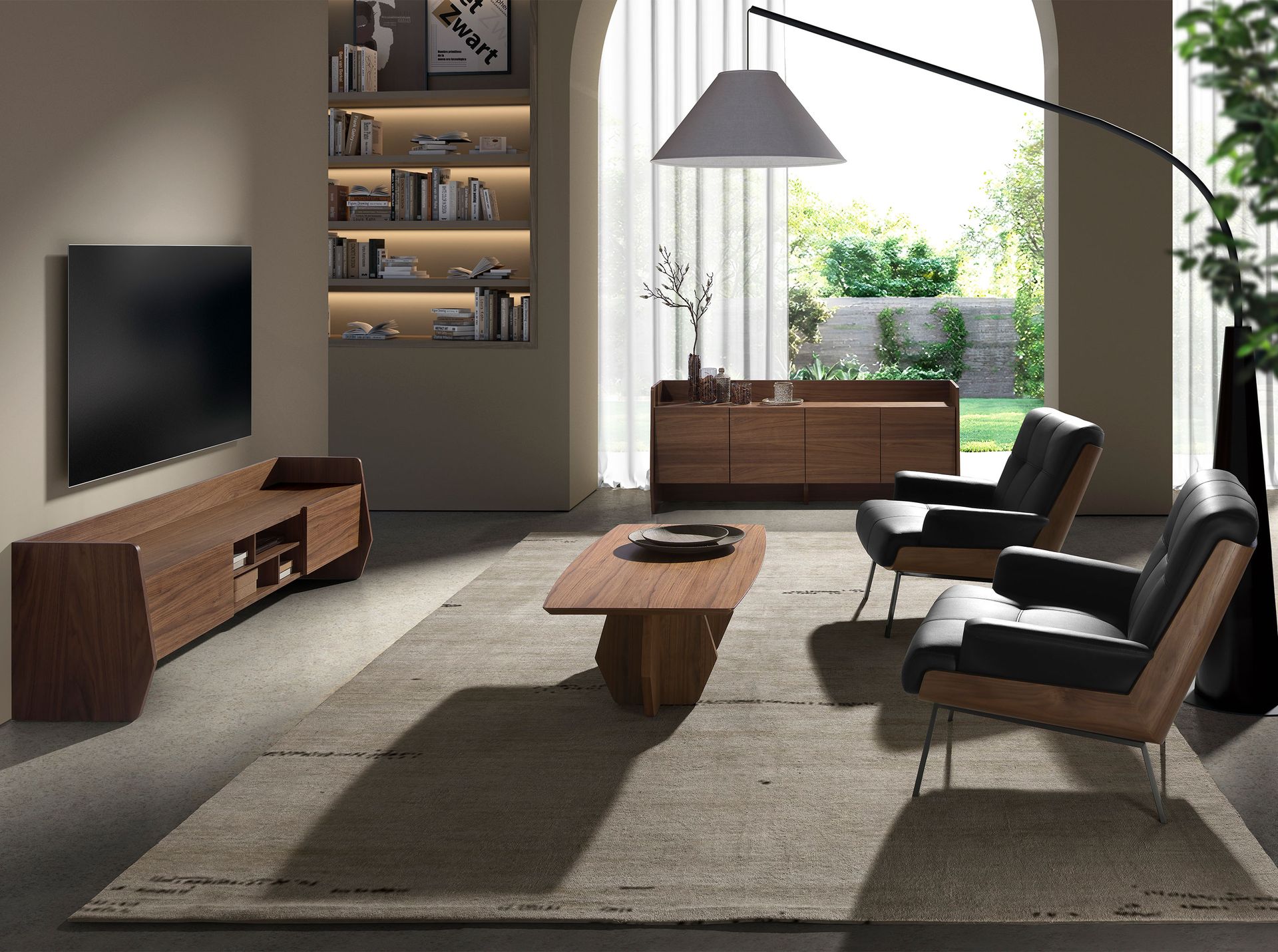 Black and walnut leatherette armchair