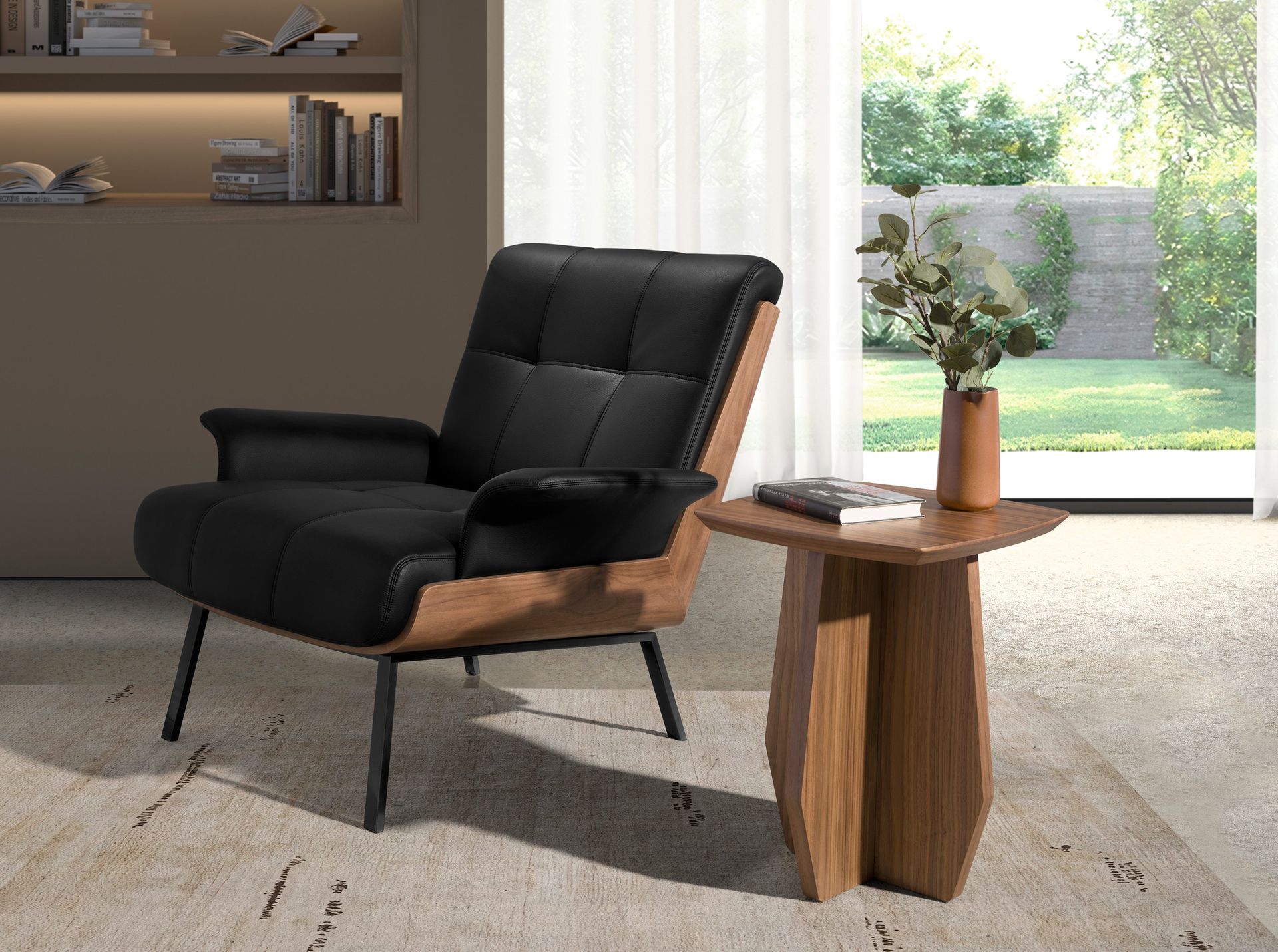 Black and walnut leatherette armchair