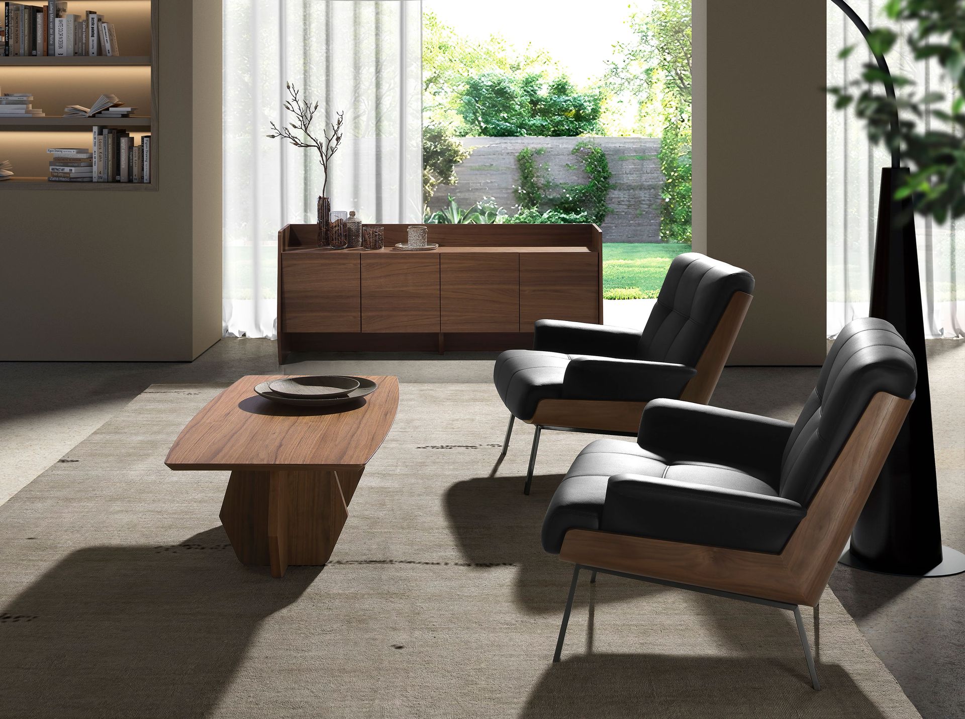 Black and walnut leatherette armchair