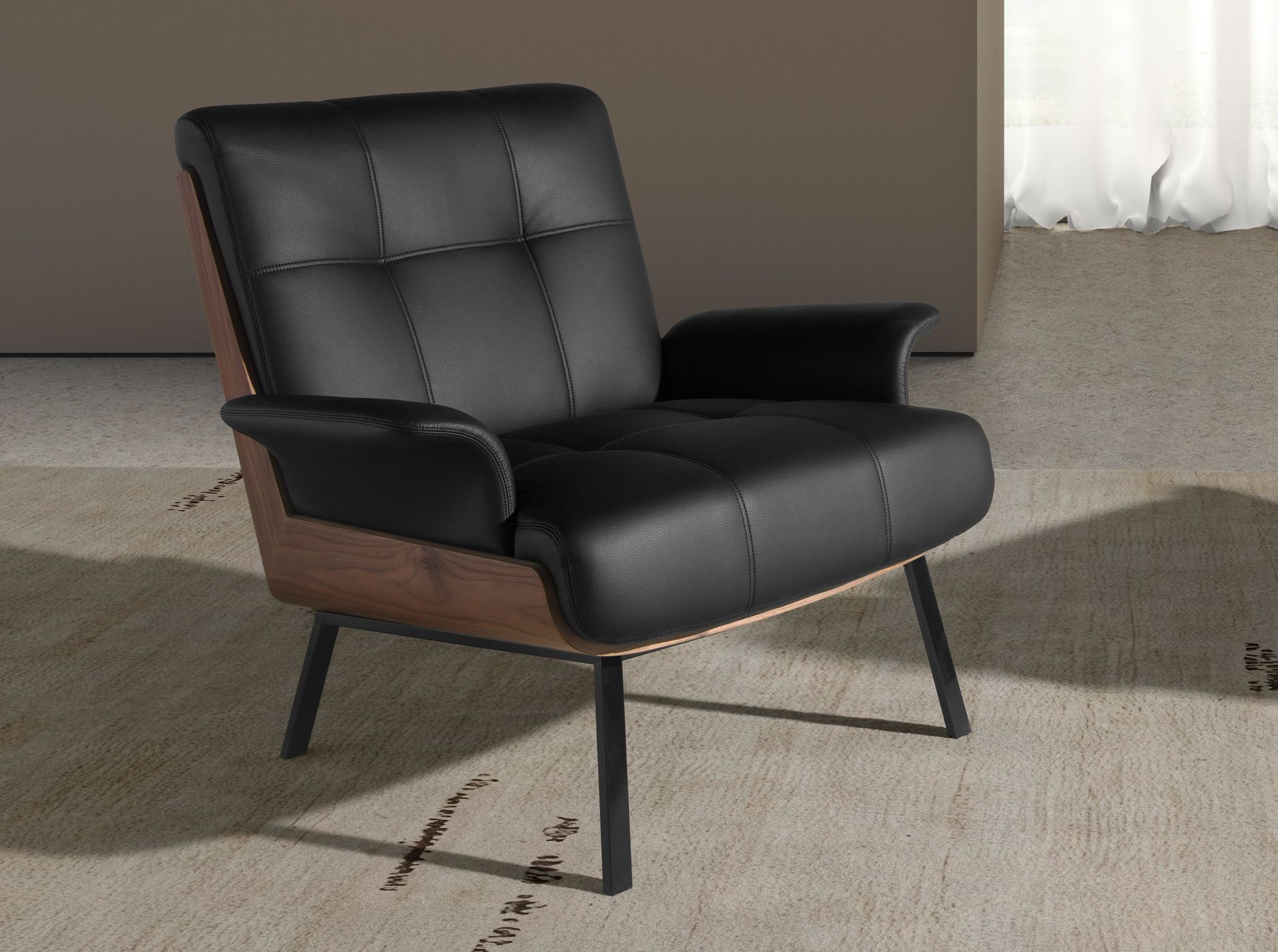 Black and walnut leatherette armchair