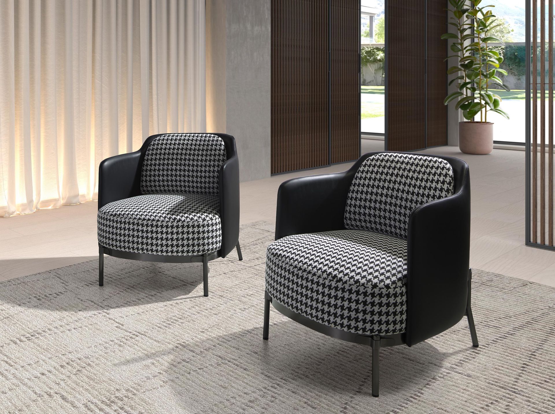 Black and white fabric and black leatherette  armchair