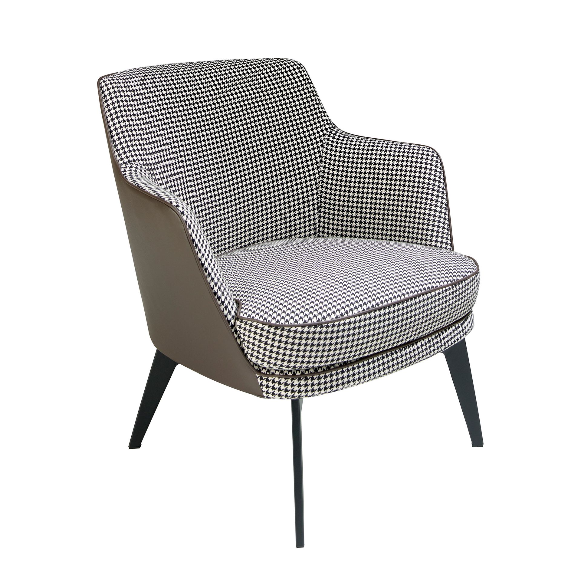 Black and white fabric and chocolate brown leatherette armchair
