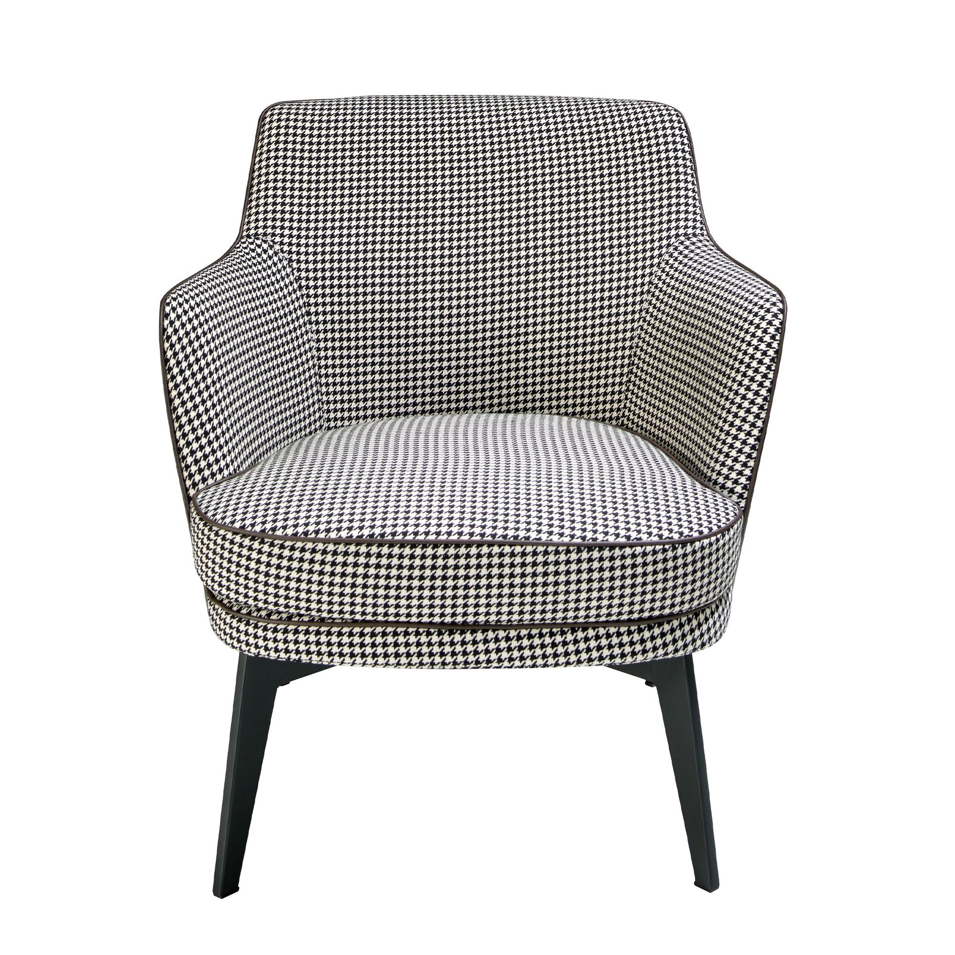Black and white fabric and chocolate brown leatherette armchair