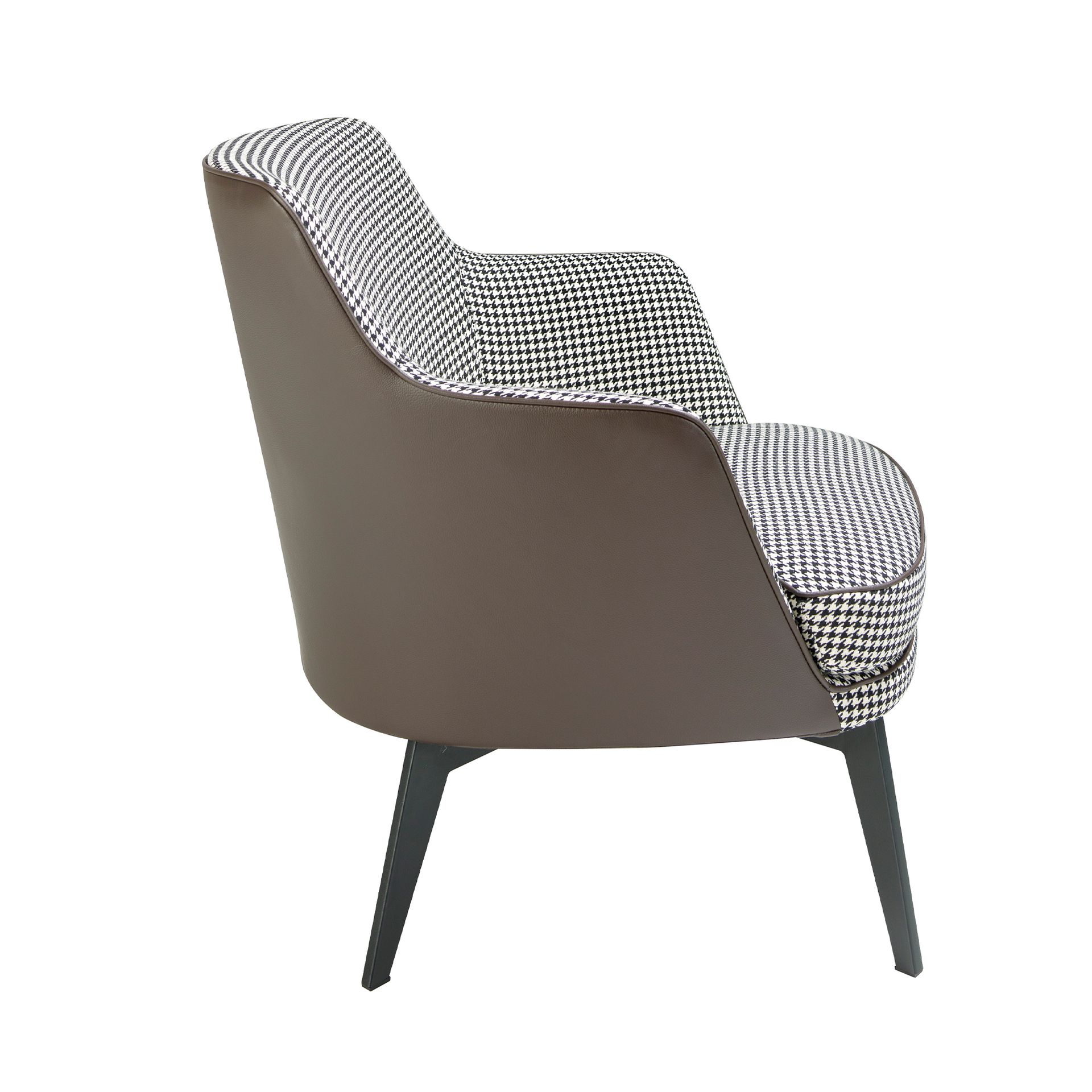 Black and white fabric and chocolate brown leatherette armchair
