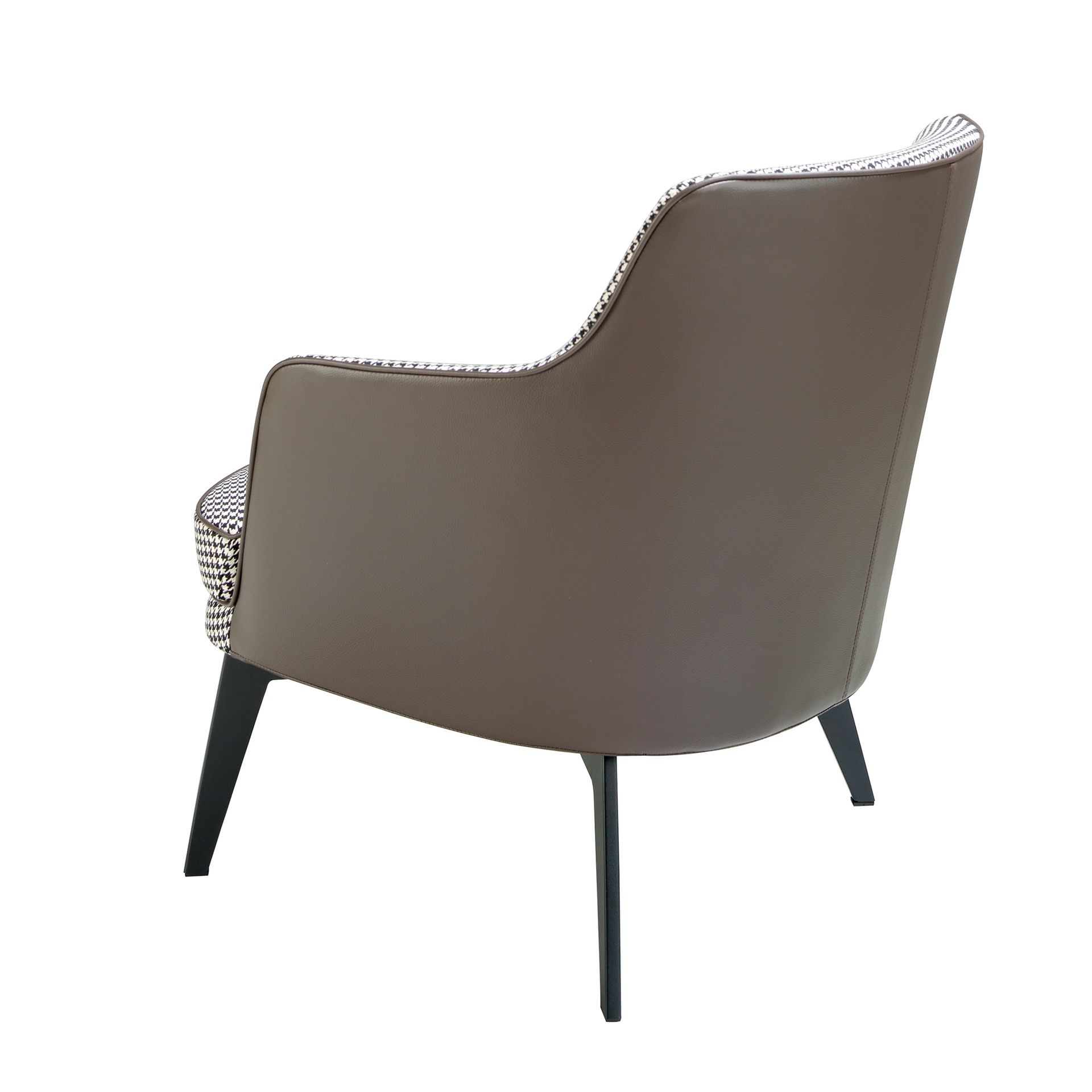 Black and white fabric and chocolate brown leatherette armchair
