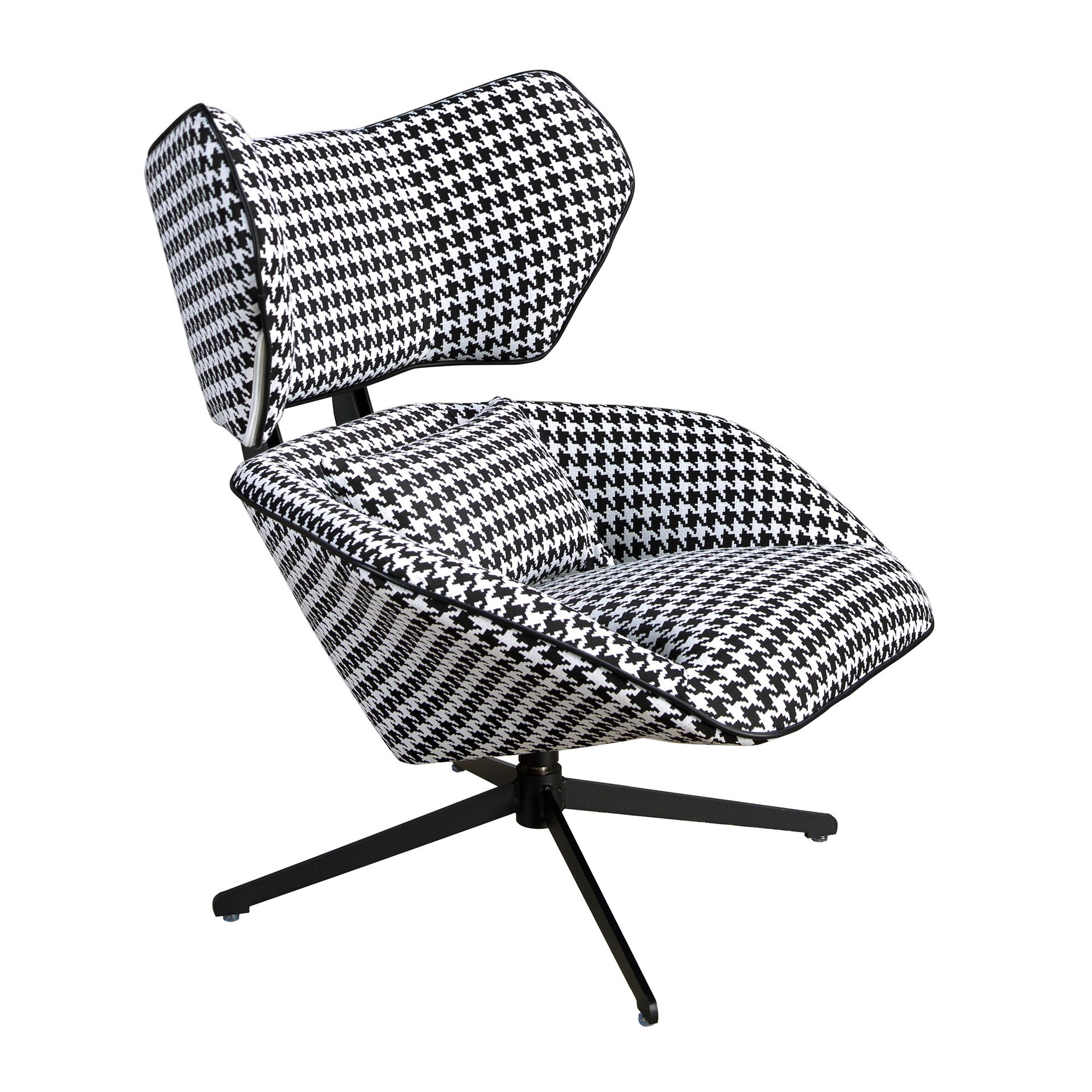 Black and white fabric swivel armchair