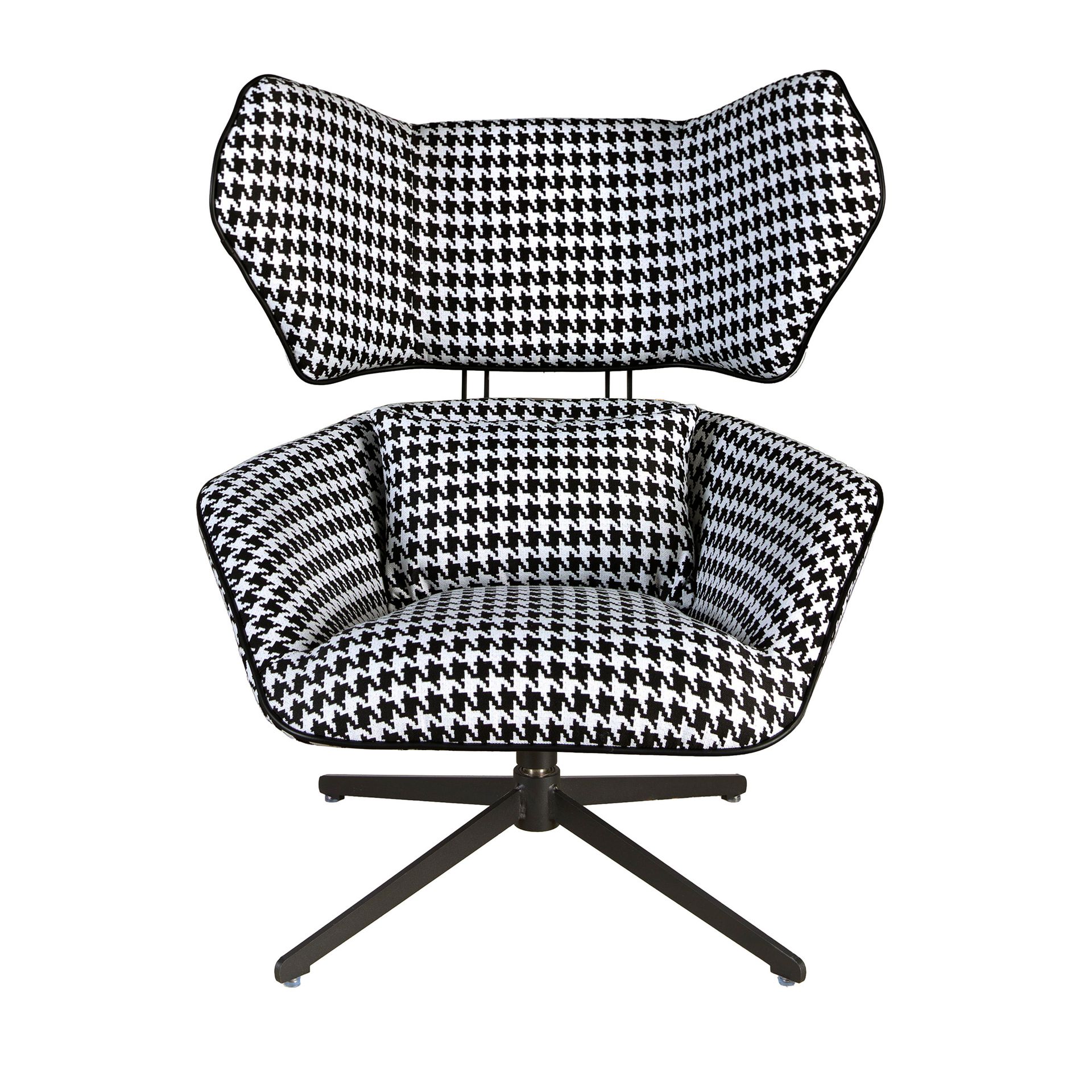 Black and white fabric swivel armchair