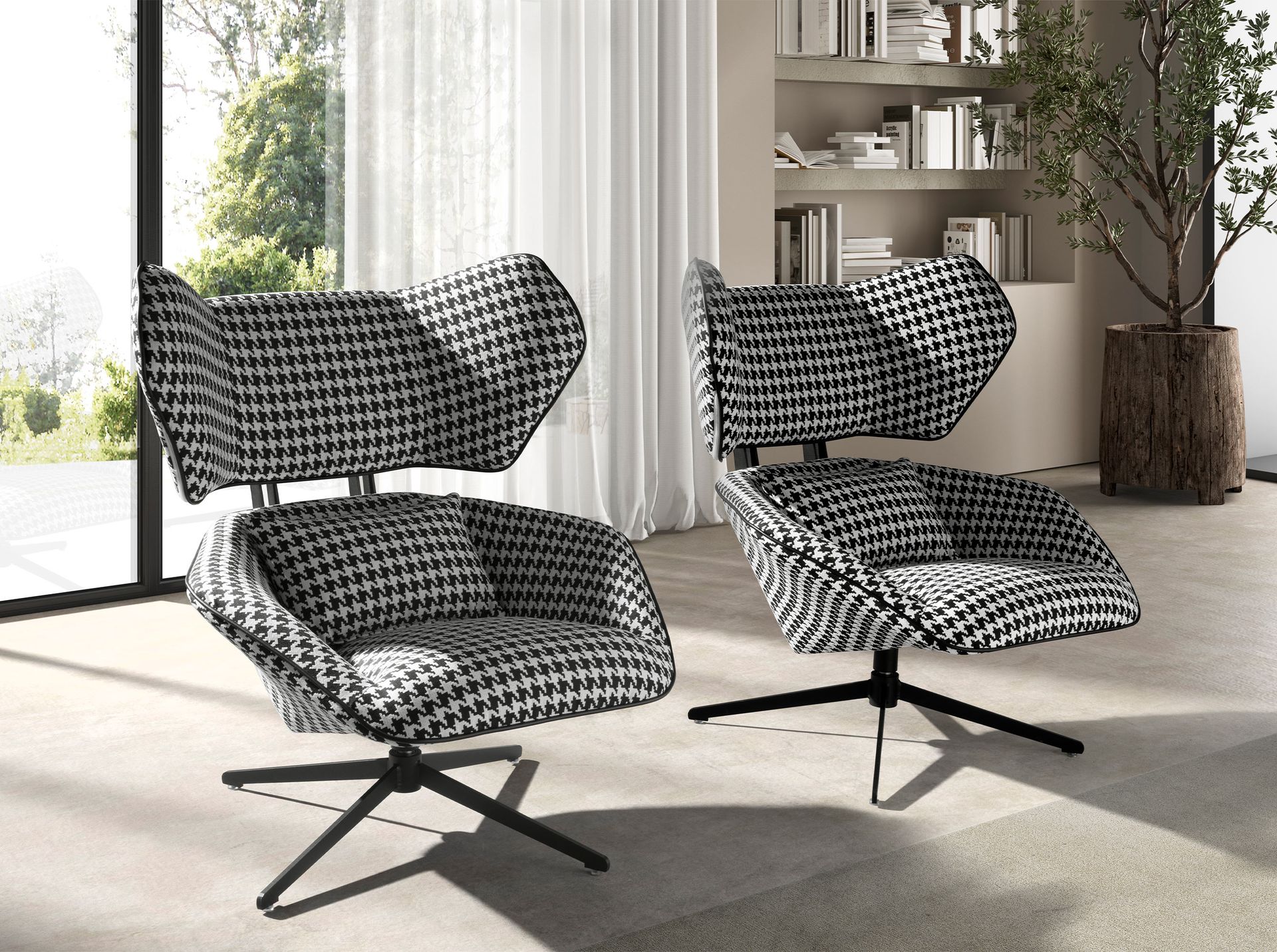 Black and white fabric swivel armchair
