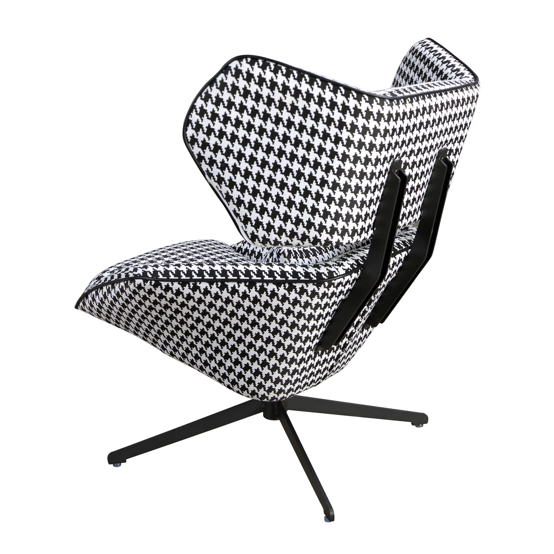 Black and white fabric swivel armchair