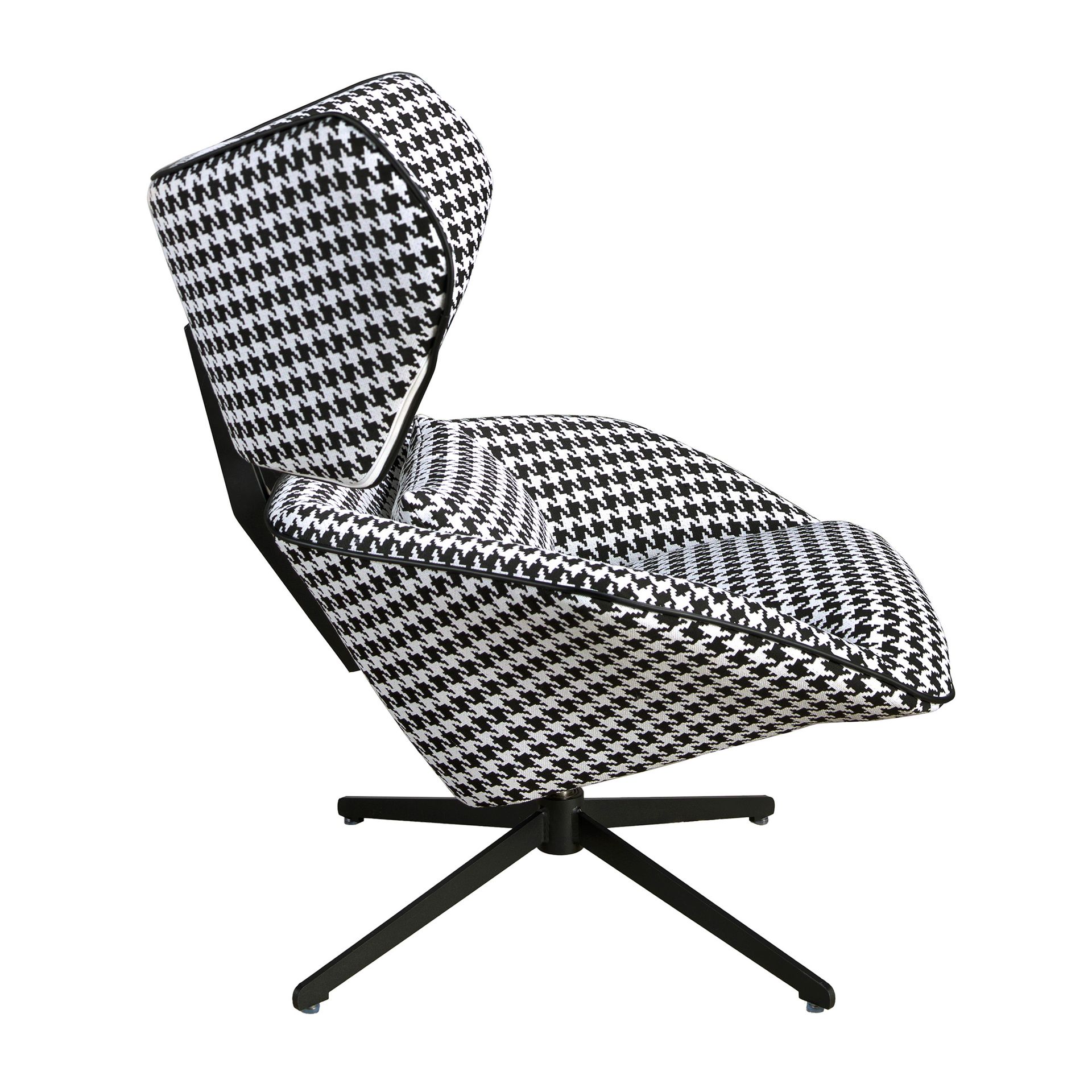 Black and white fabric swivel armchair
