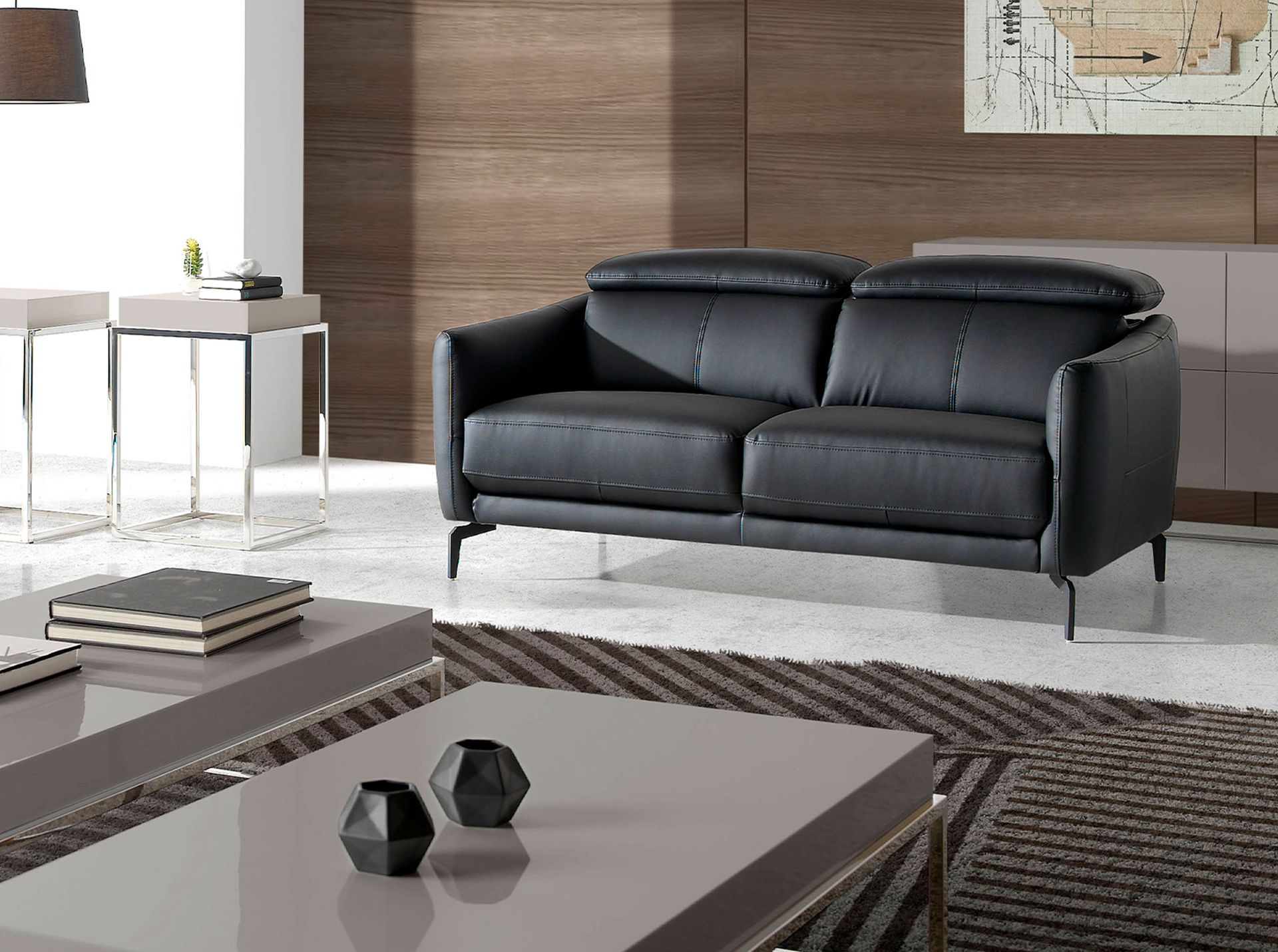 Black leather 2-seater sofa