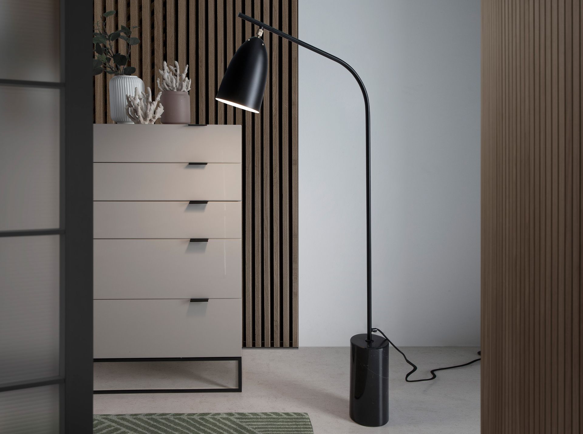 Black marble and black steel floor lamp