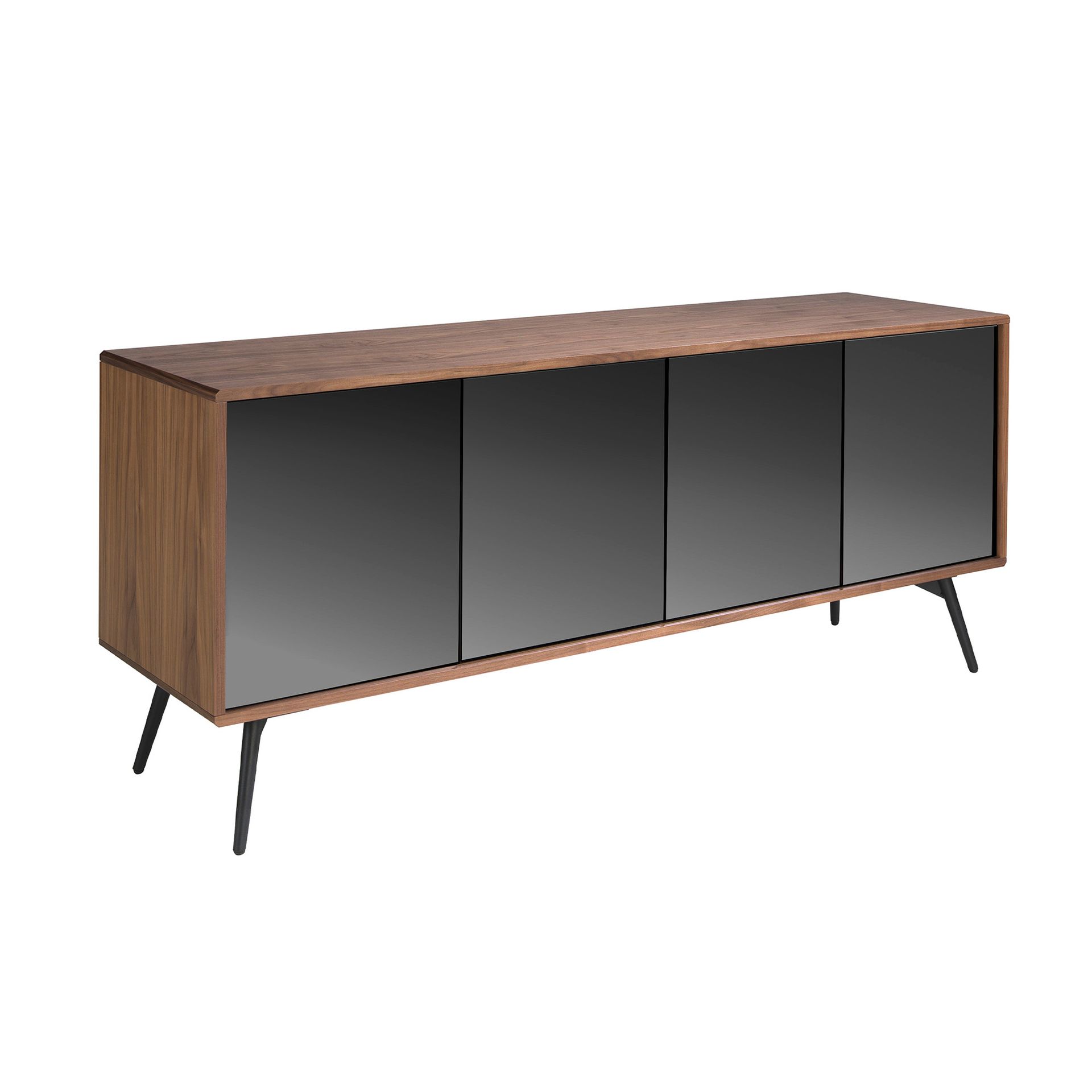 Black mirror effect glass, walnut and black steel sideboard