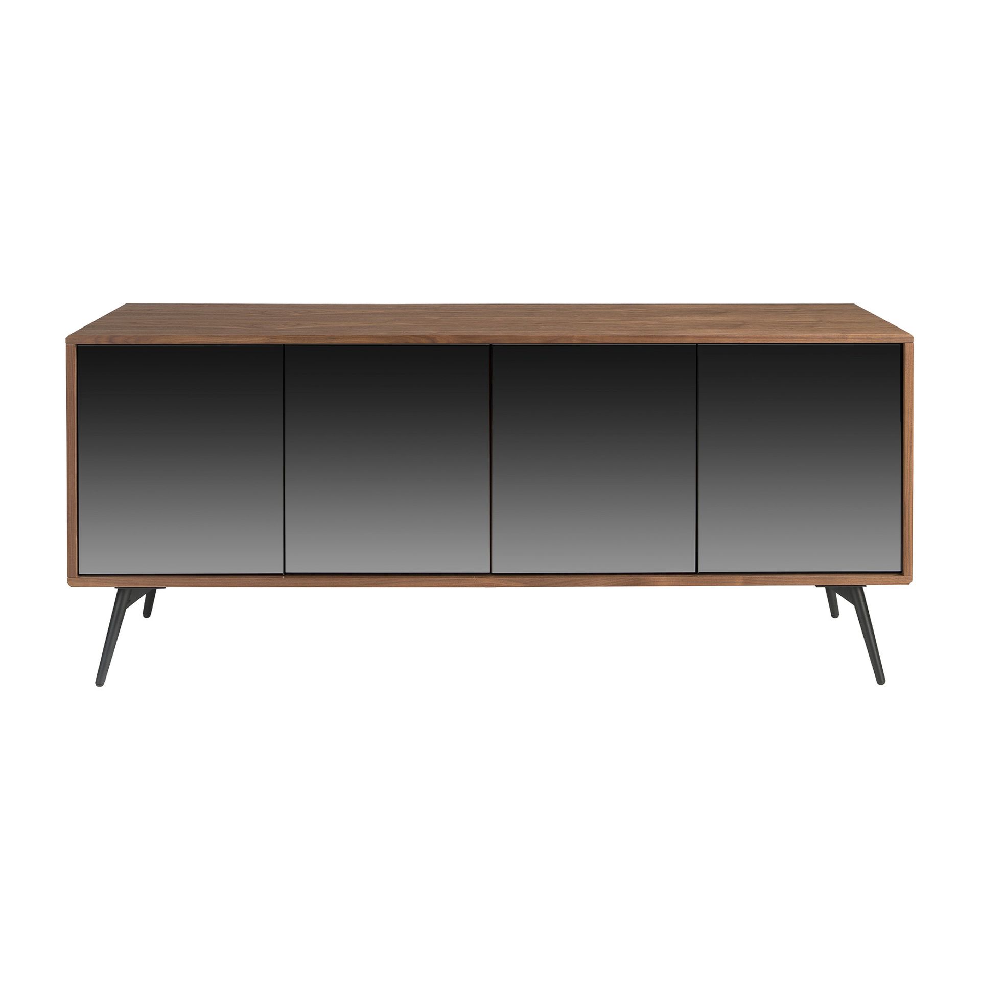 Black mirror effect glass, walnut and black steel sideboard