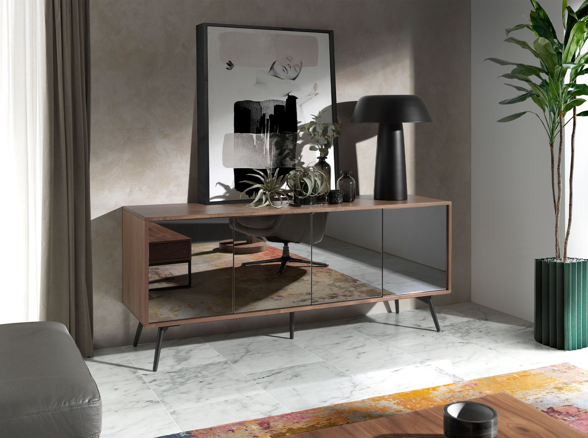 Black mirror effect glass, walnut and black steel sideboard