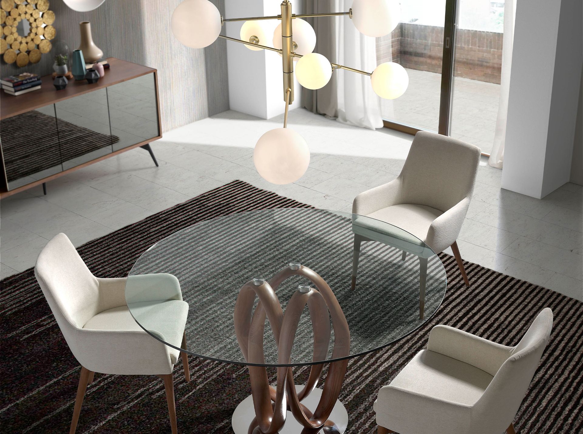 Black mirror effect glass, walnut and black steel sideboard